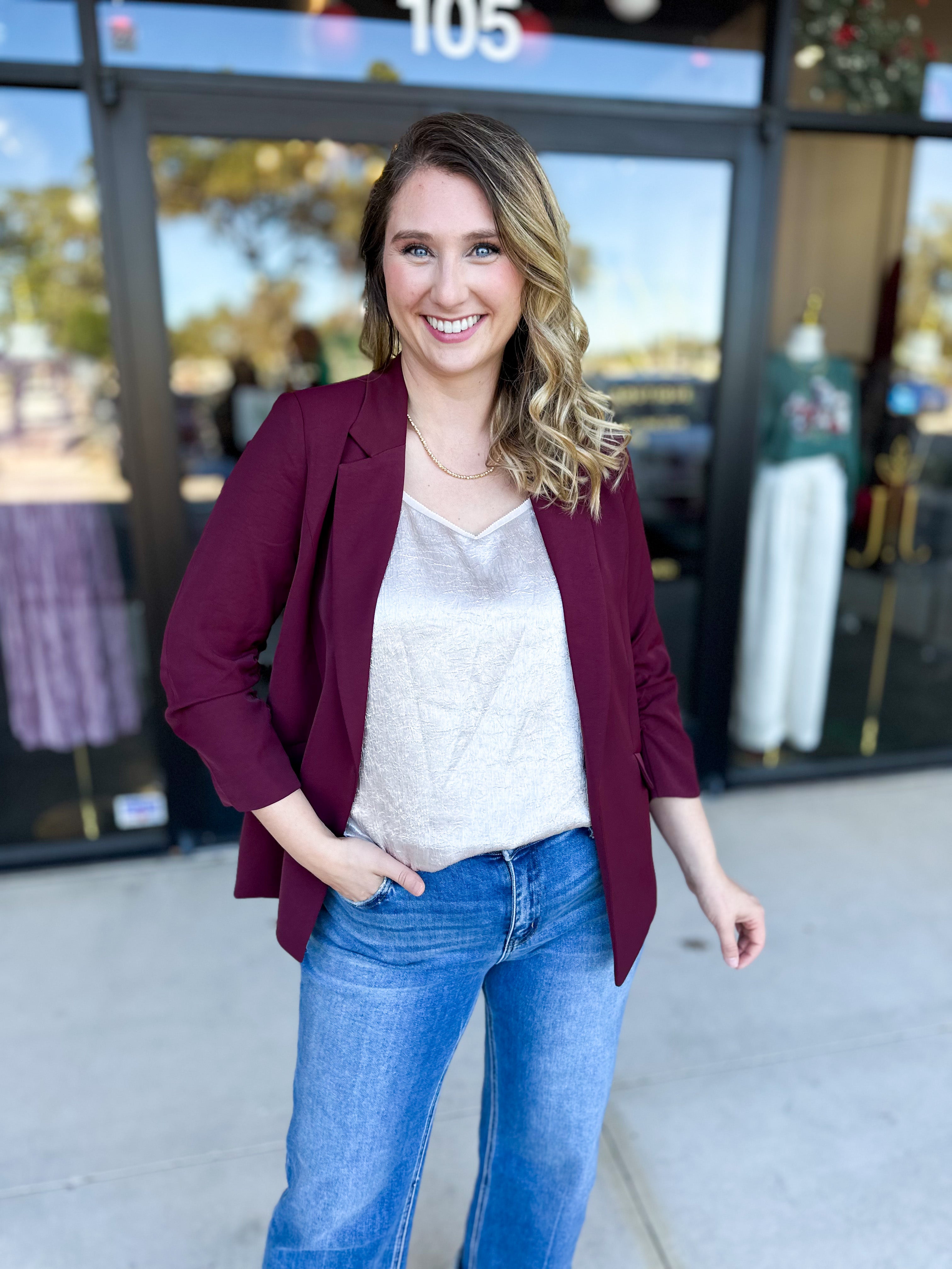 The Blair Blazer - Wine-600 Outerwear-SKIES ARE BLUE-July & June Women's Fashion Boutique Located in San Antonio, Texas