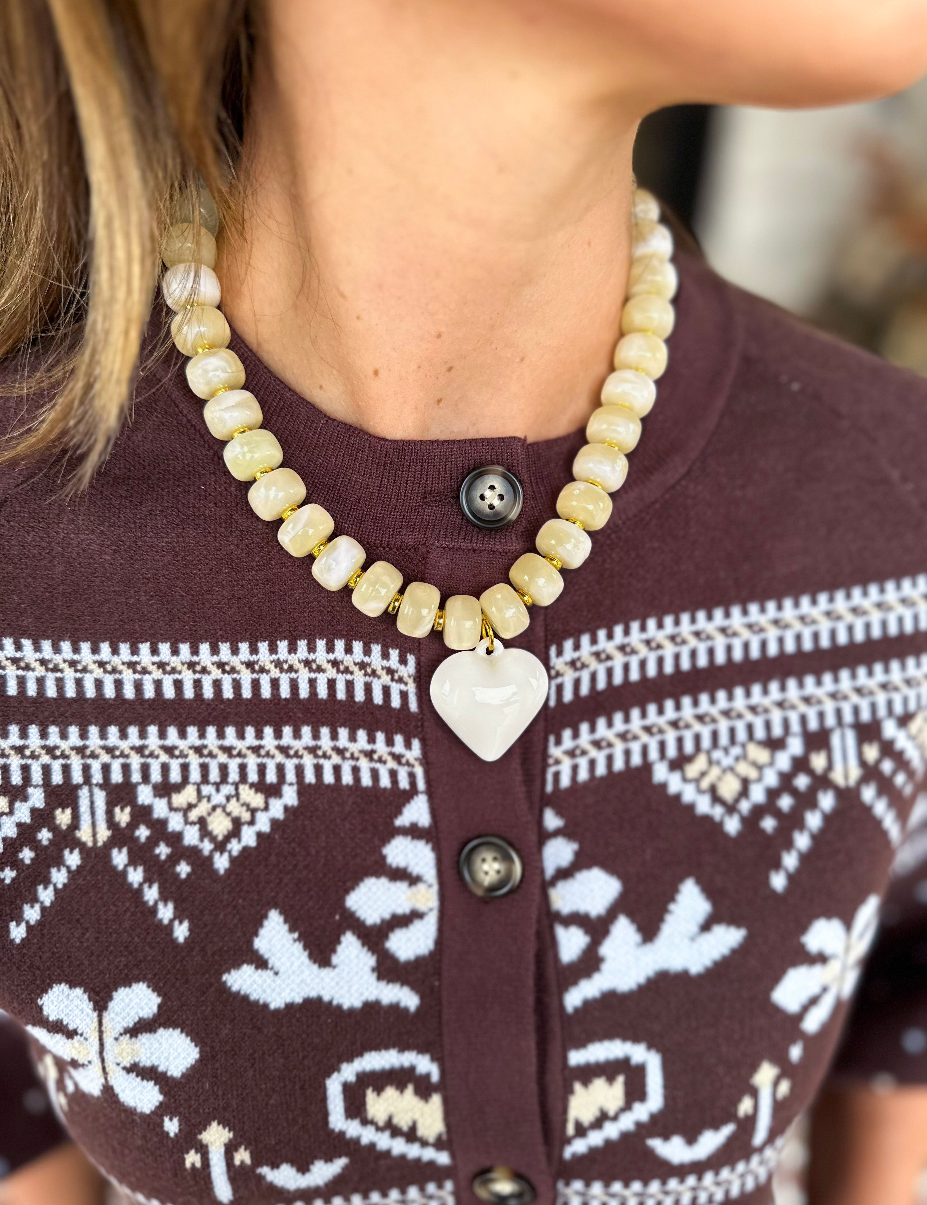 Statement Beaded Heart Necklace - Vanilla Cream-110 Jewelry & Hair-Golden Lily-July & June Women's Fashion Boutique Located in San Antonio, Texas