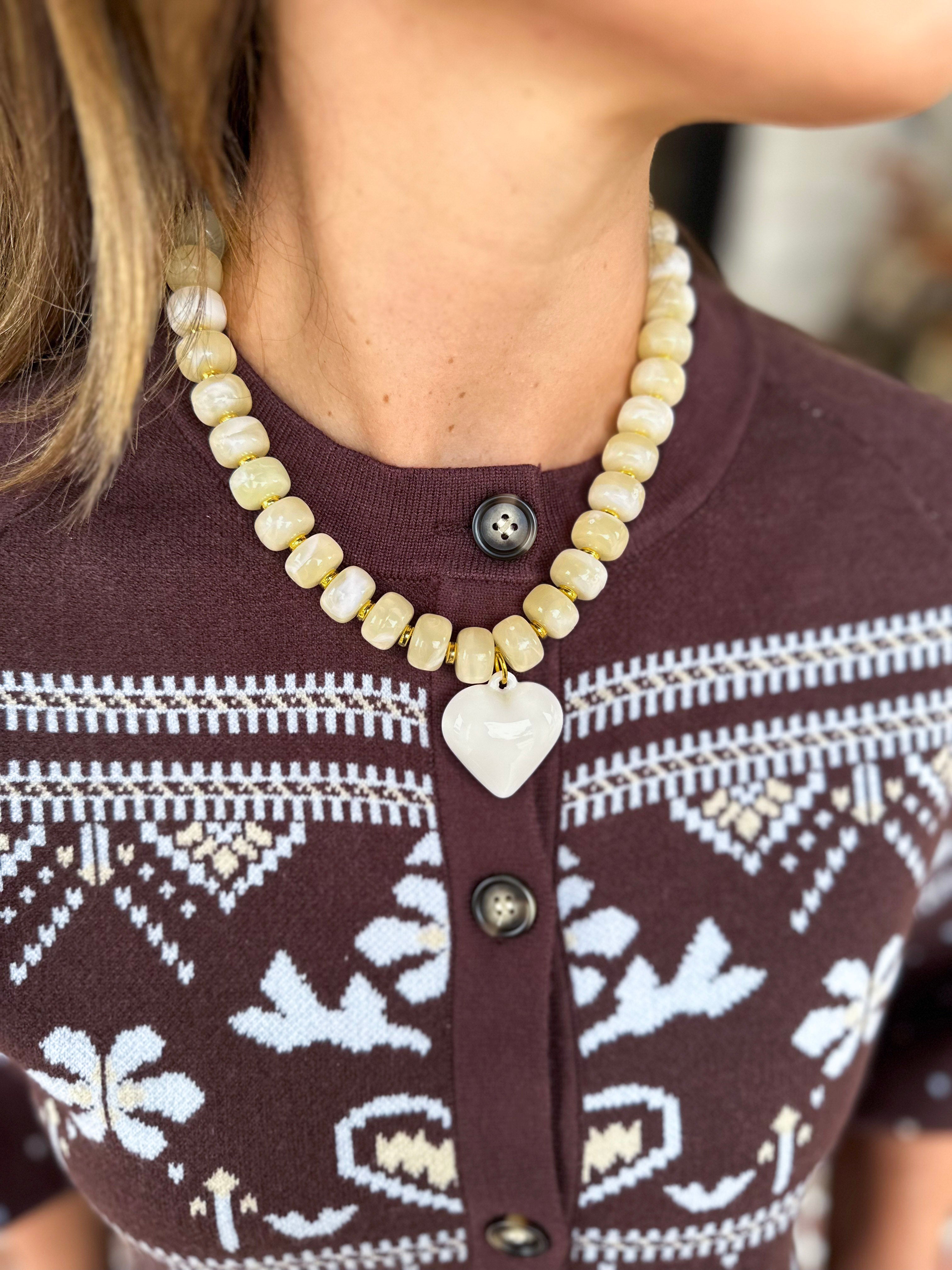 Statement Beaded Heart Necklace - Vanilla Cream-110 Jewelry & Hair-Golden Lily-July & June Women's Fashion Boutique Located in San Antonio, Texas