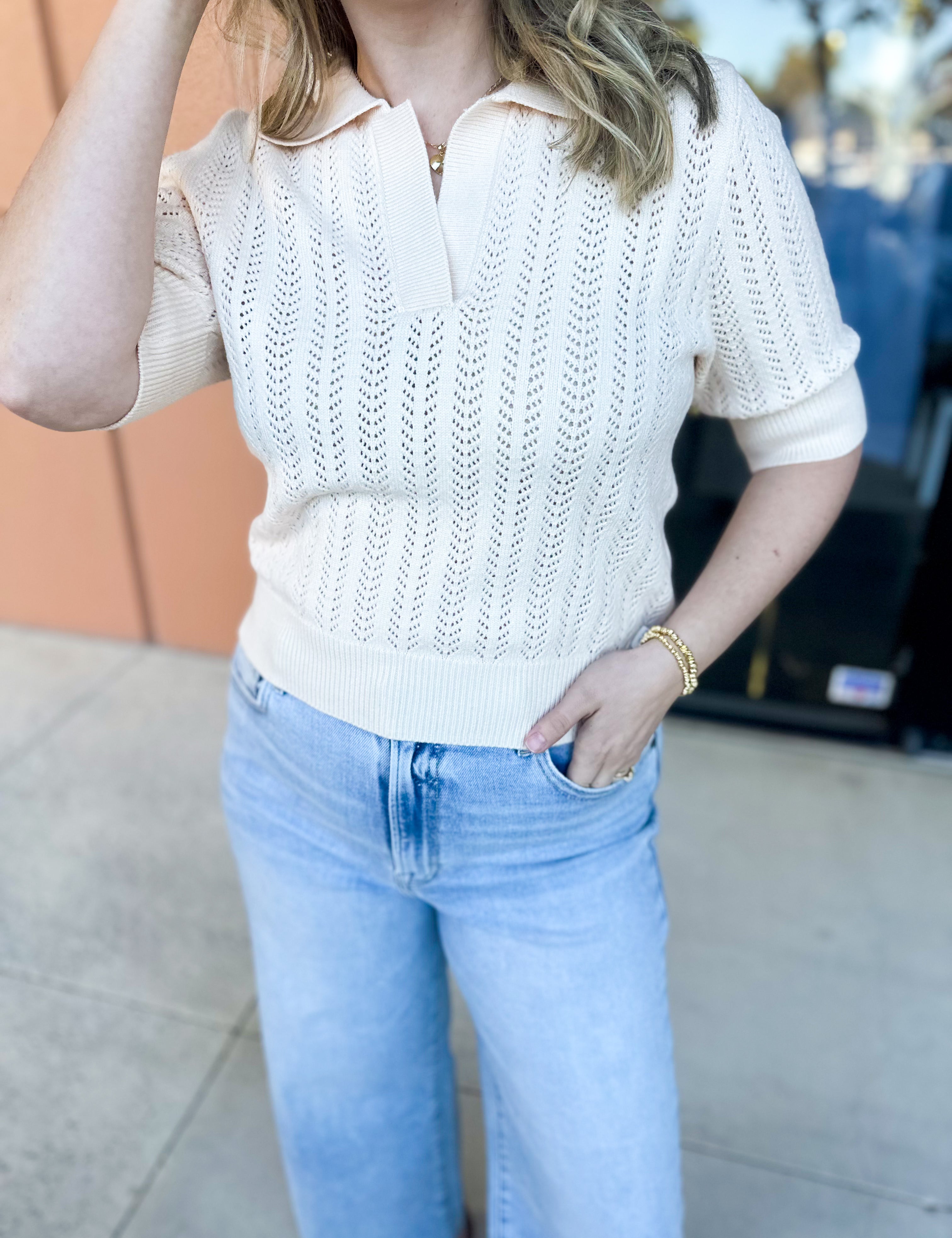 THML - Cream Knit Collared Sweater Top-230 Sweaters/Cardis-THML-July & June Women's Fashion Boutique Located in San Antonio, Texas