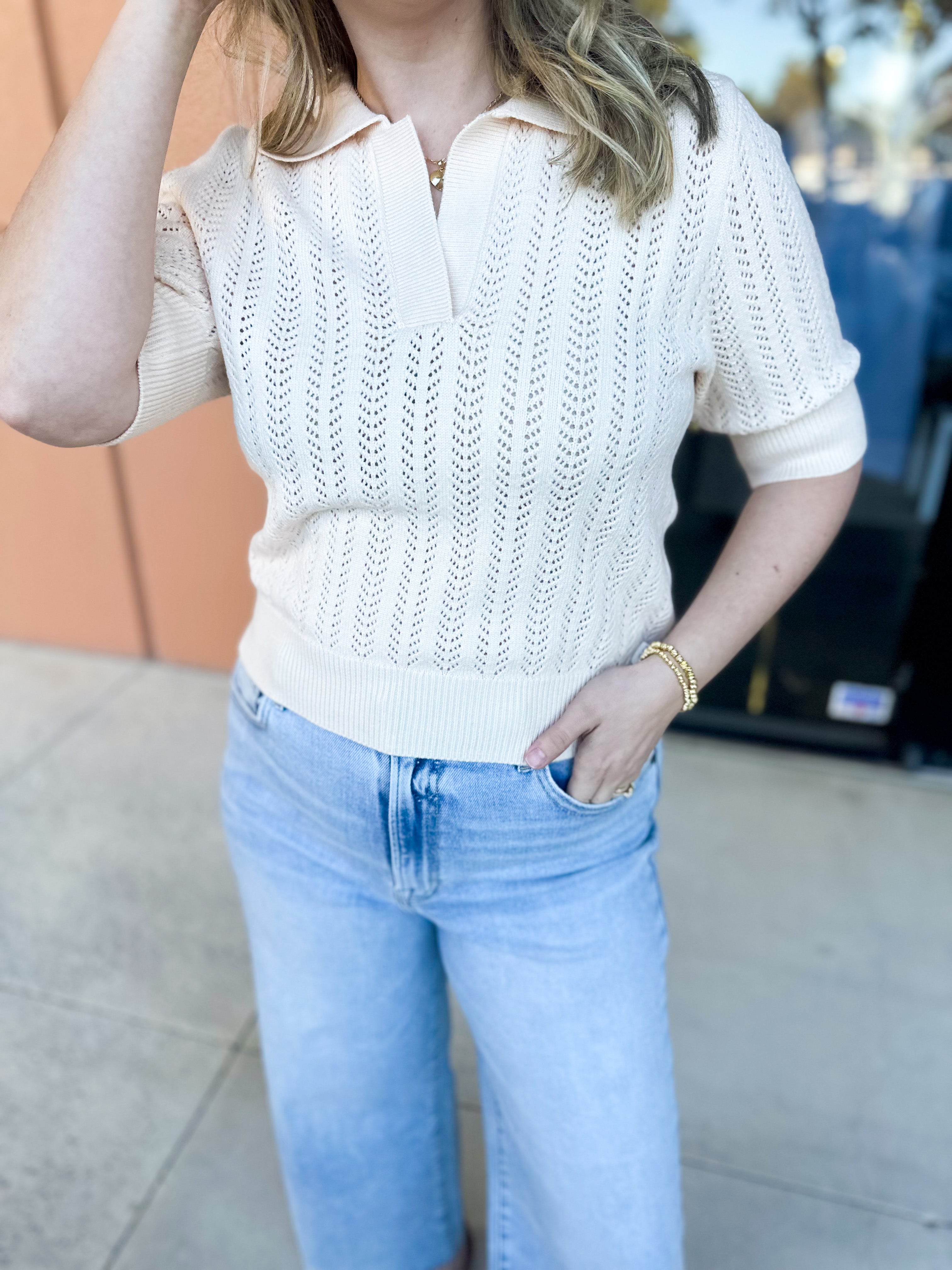 THML - Cream Knit Collared Sweater Top-230 Sweaters/Cardis-THML-July & June Women's Fashion Boutique Located in San Antonio, Texas