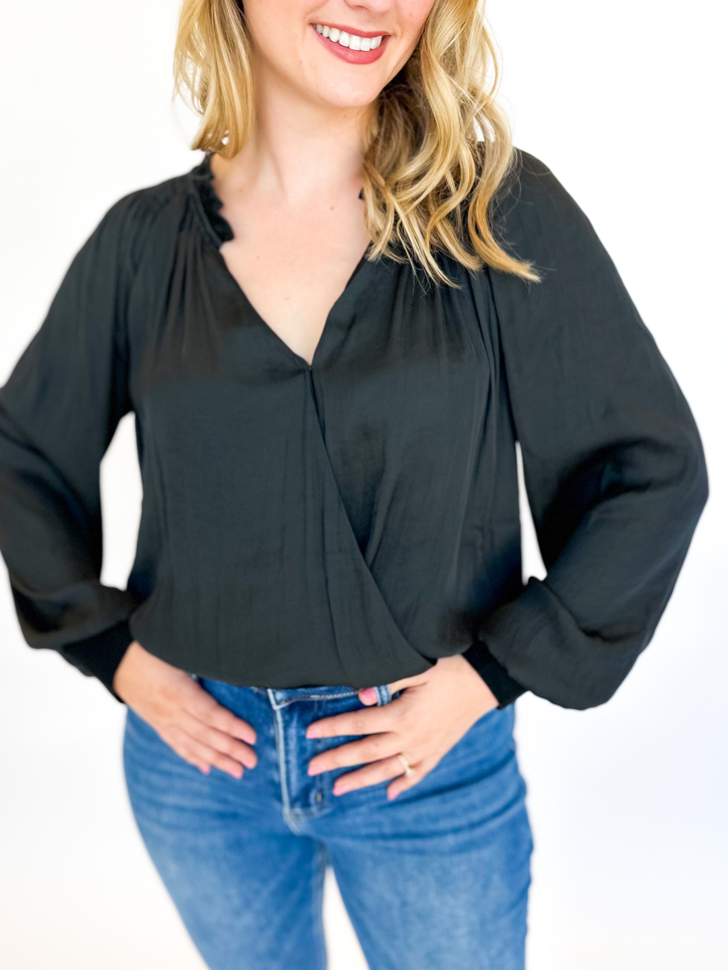 Classic Satin Blouse - Black-200 Fashion Blouses-CURRENT AIR CLOTHING-July & June Women's Fashion Boutique Located in San Antonio, Texas