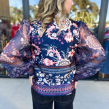 Deep Blue Floral Blouse-200 Fashion Blouses-FATE-July & June Women's Fashion Boutique Located in San Antonio, Texas