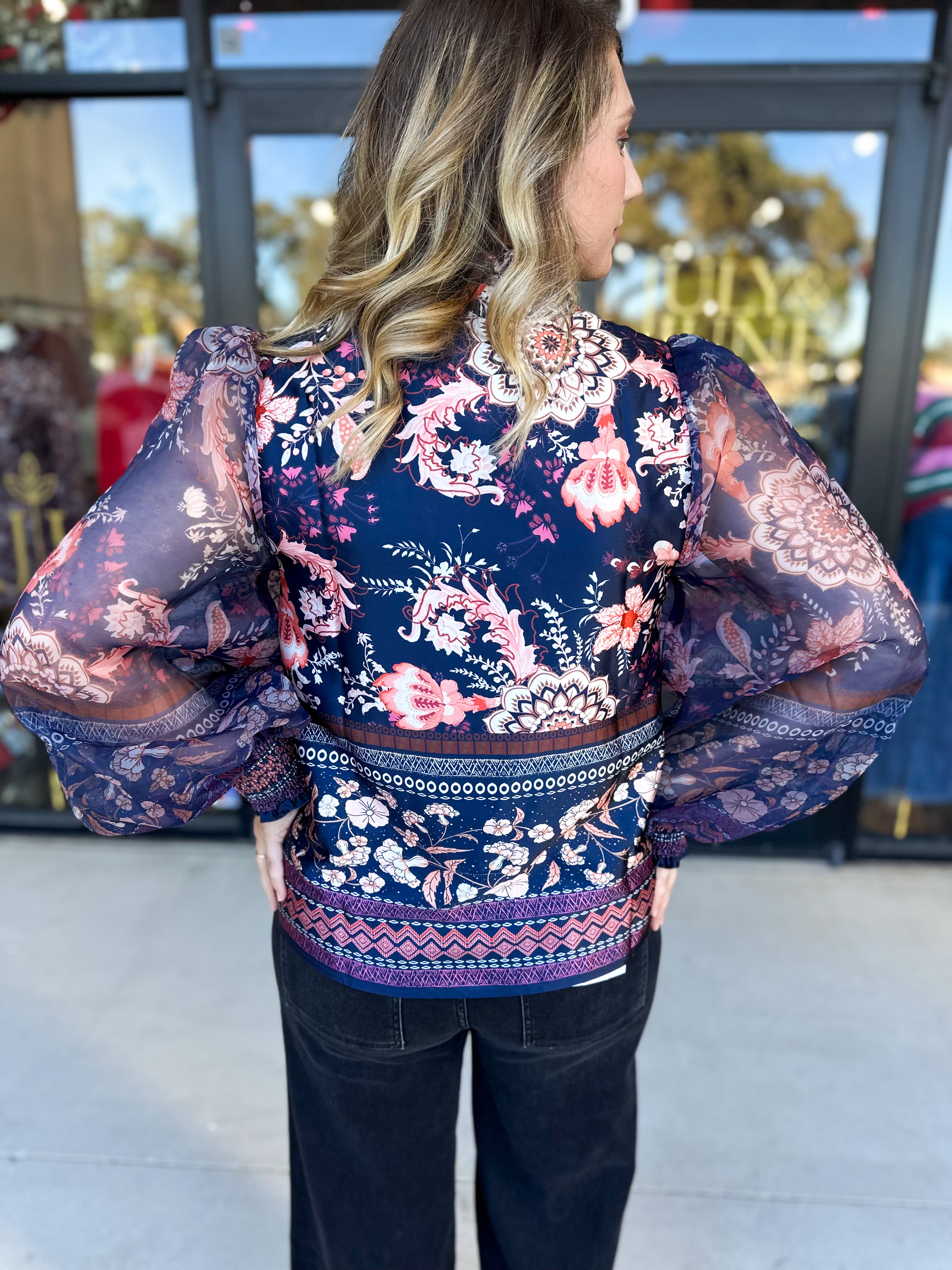 Deep Blue Floral Blouse-200 Fashion Blouses-FATE-July & June Women's Fashion Boutique Located in San Antonio, Texas