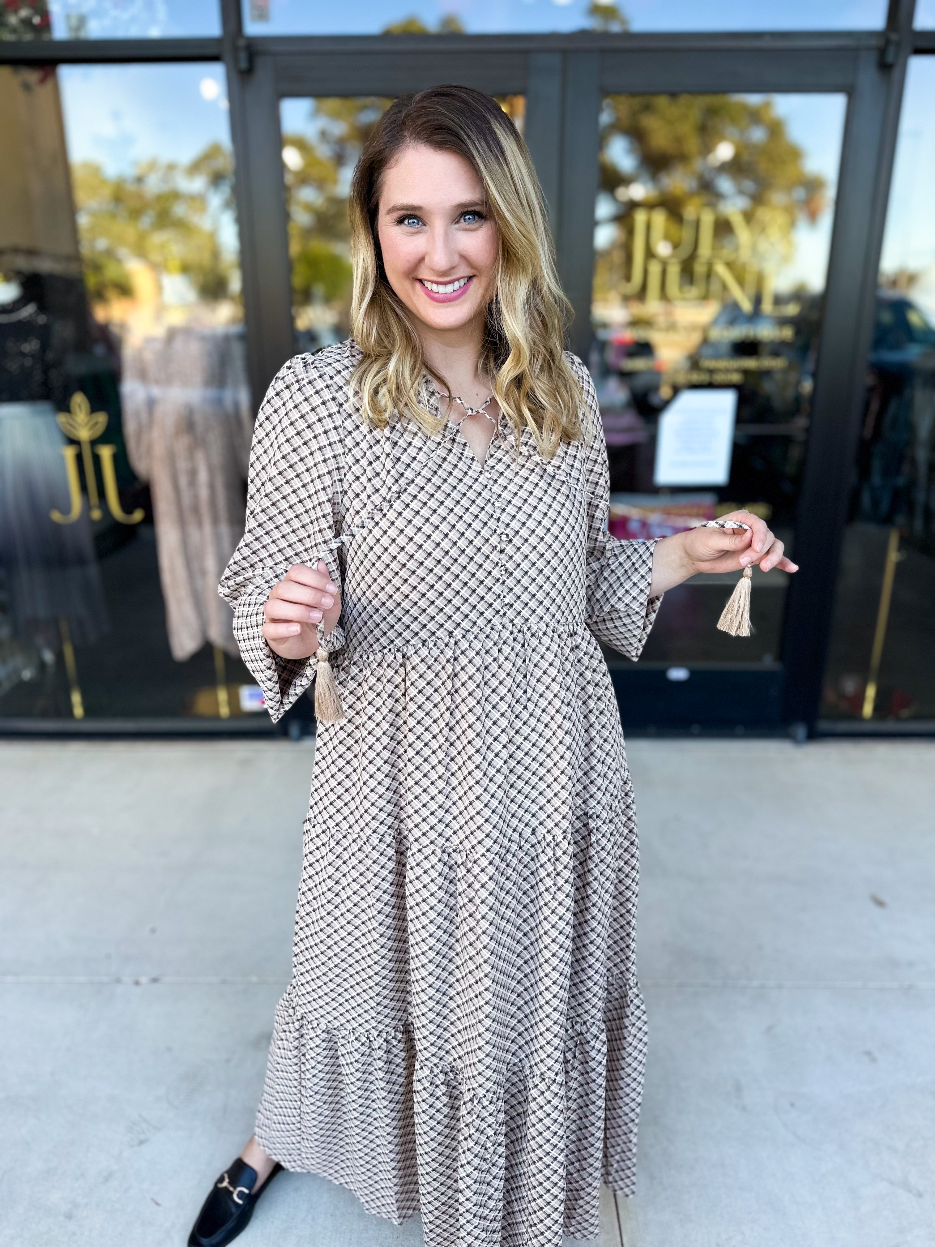 Taupe & Black Midi Dress-500 Midi-POLOGRAM-July & June Women's Fashion Boutique Located in San Antonio, Texas