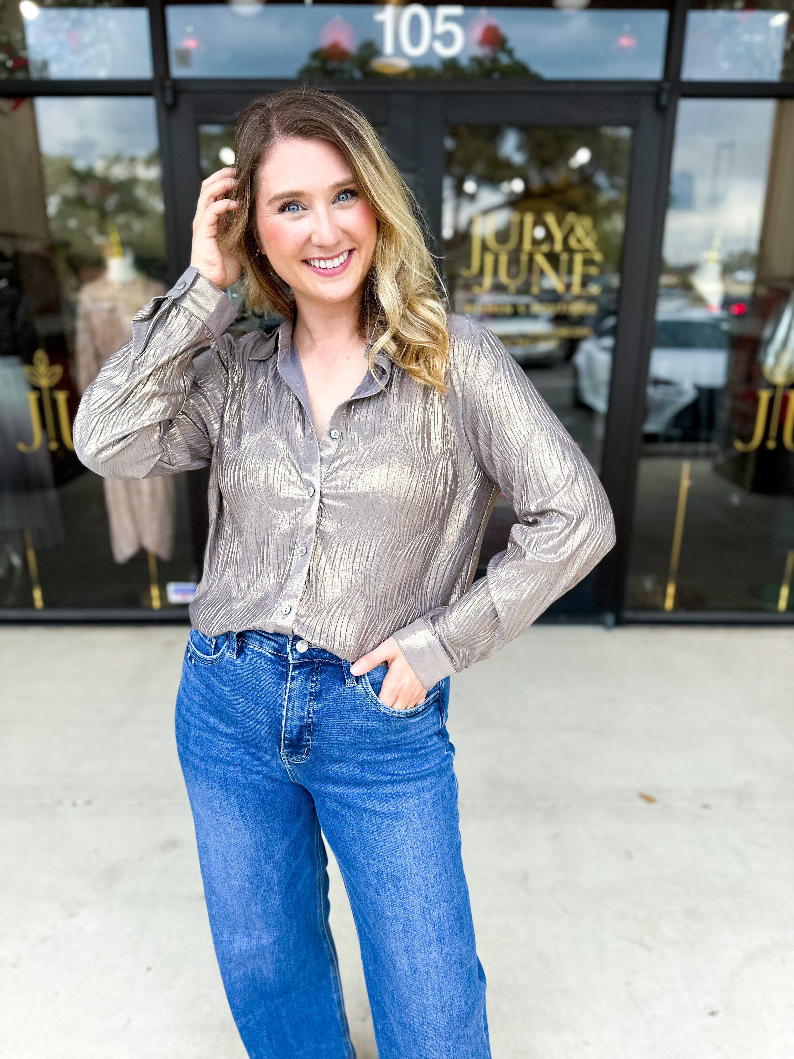 Shimmer Button Down Blouse - Champagne-200 Fashion Blouses-ALLIE ROSE-July & June Women's Fashion Boutique Located in San Antonio, Texas
