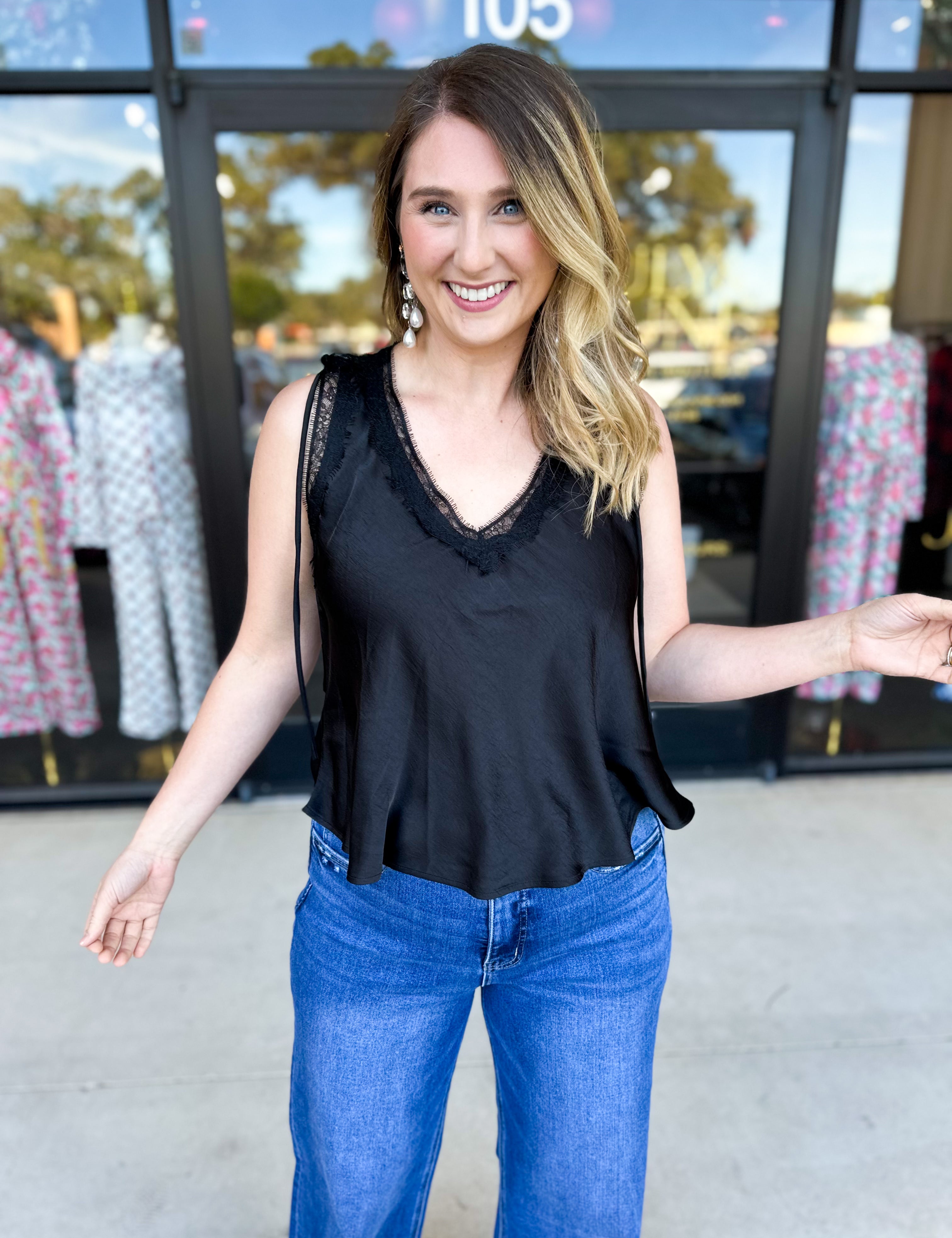 V-Neck Lacy Cami-200 Fashion Blouses-SKIES ARE BLUE-July & June Women's Fashion Boutique Located in San Antonio, Texas