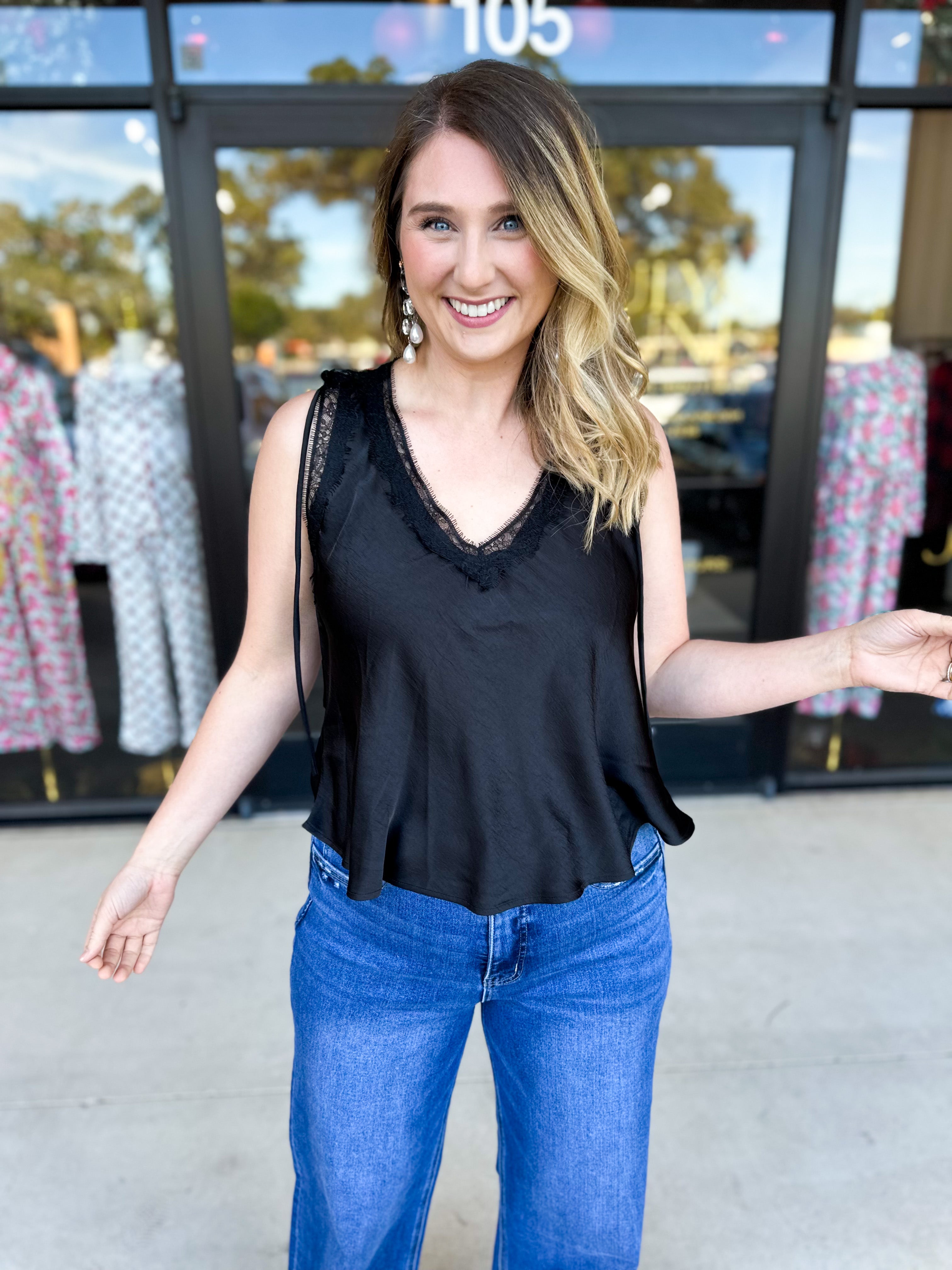 V-Neck Lacy Cami-200 Fashion Blouses-SKIES ARE BLUE-July & June Women's Fashion Boutique Located in San Antonio, Texas