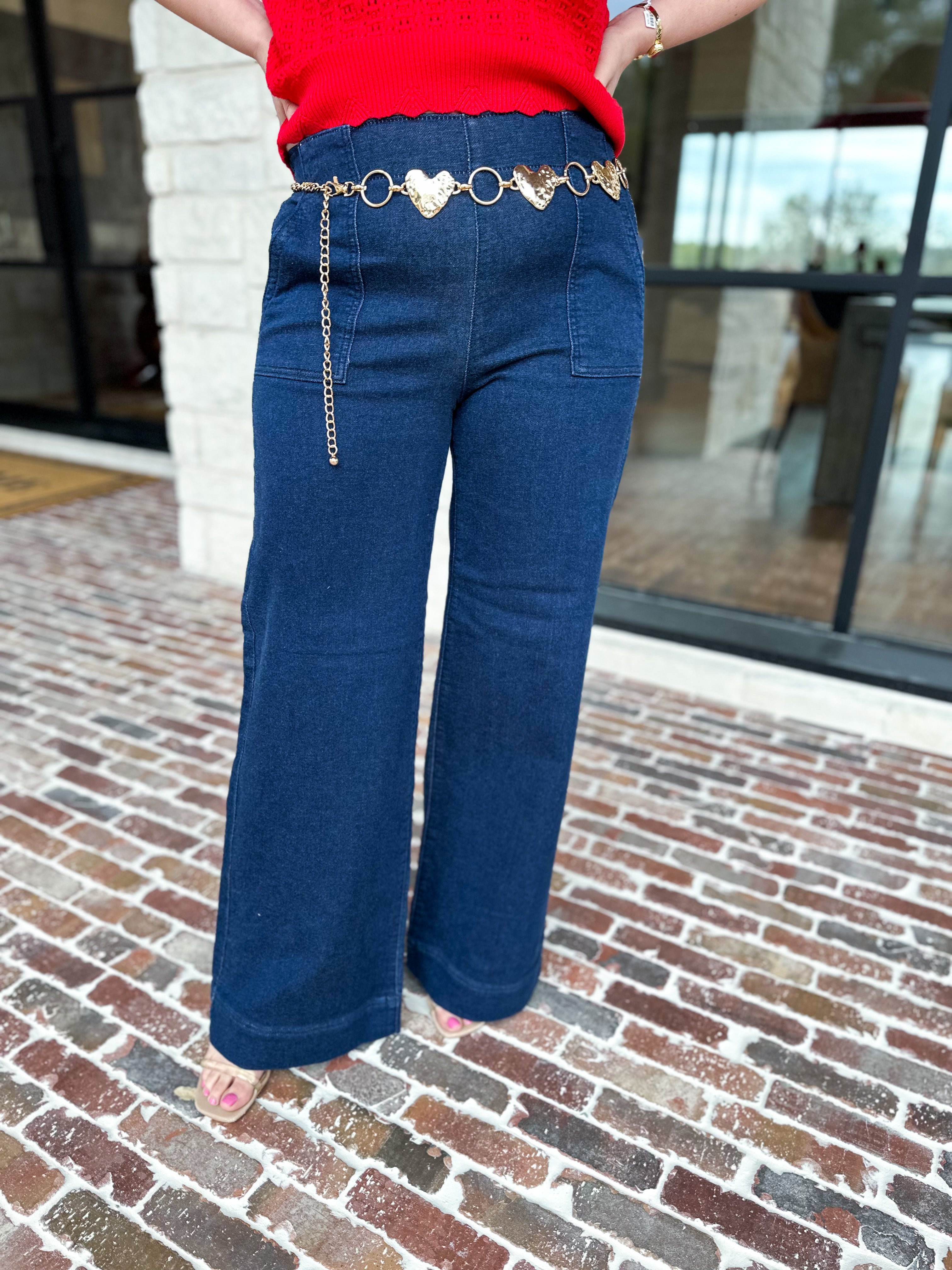 Risen - Dark Wide Leg Patch Pocket Denim Pants-400 Pants-RISEN-July & June Women's Fashion Boutique Located in San Antonio, Texas