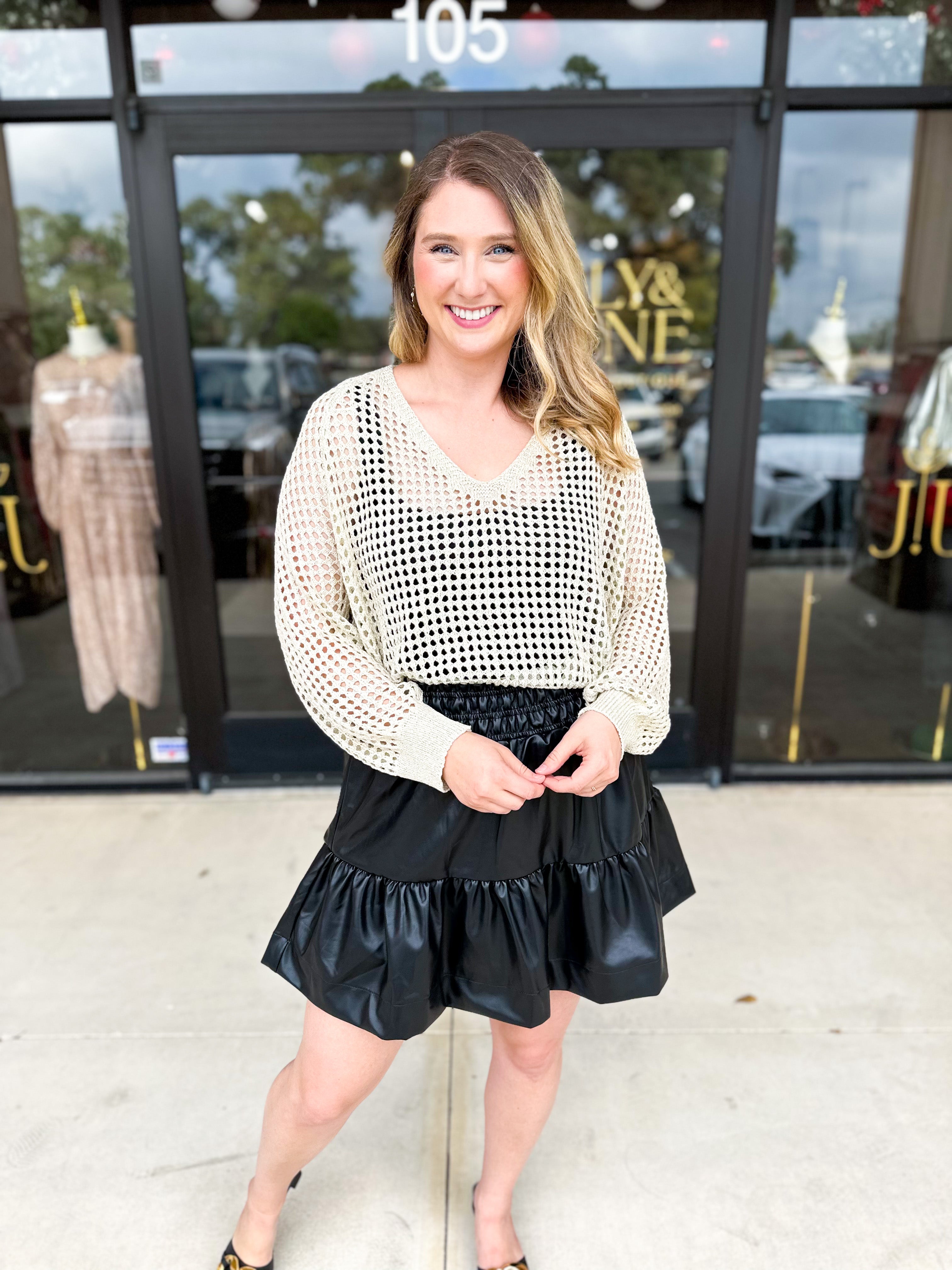 Foil Knit Sweater Top - Champagne Gold-230 Sweaters/Cardis-ALLIE ROSE-July & June Women's Fashion Boutique Located in San Antonio, Texas