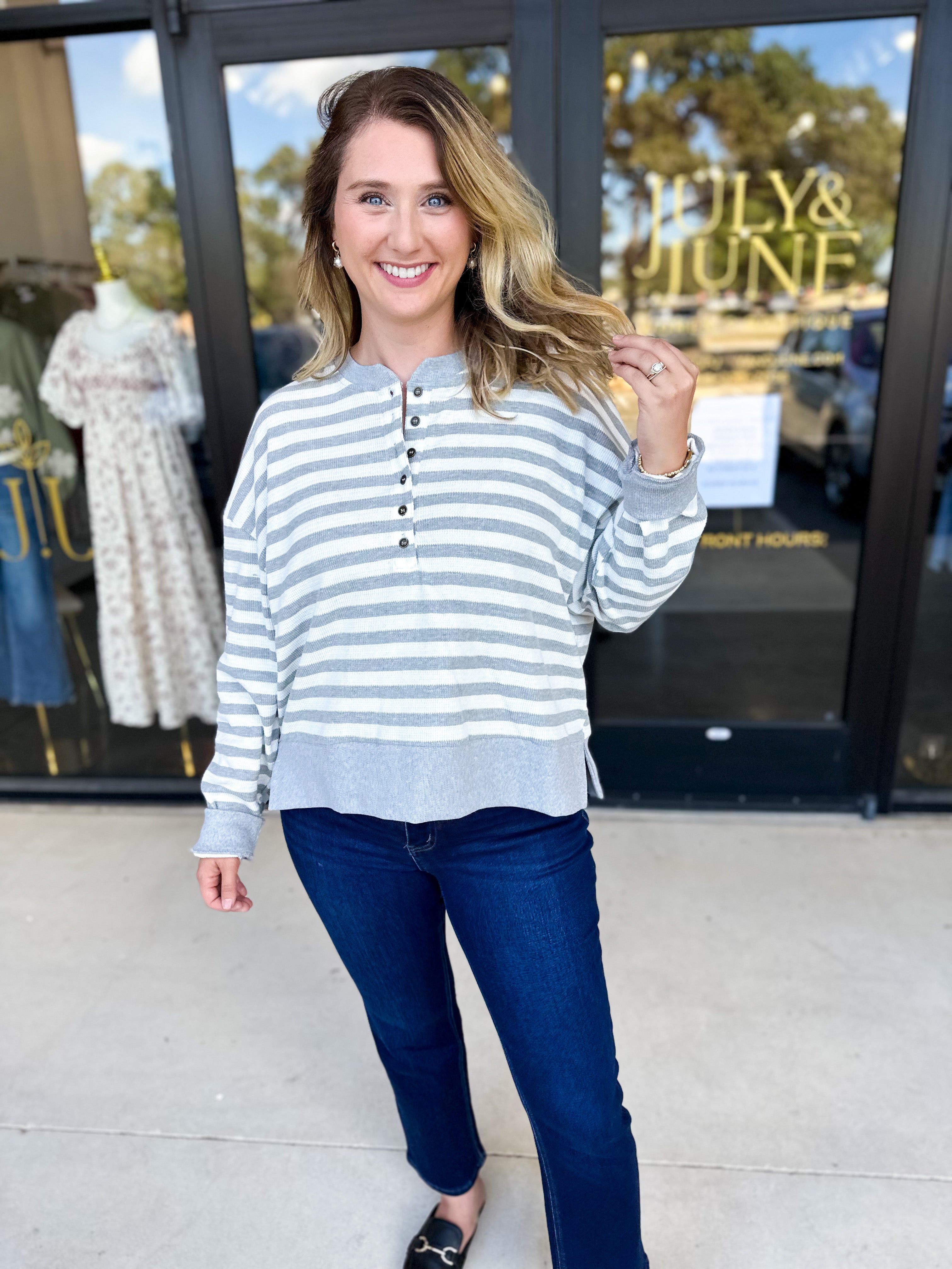 Casual Cool Henley Long Sleeve - Light Grey-210 Casual Blouses-POLOGRAM-July & June Women's Fashion Boutique Located in San Antonio, Texas