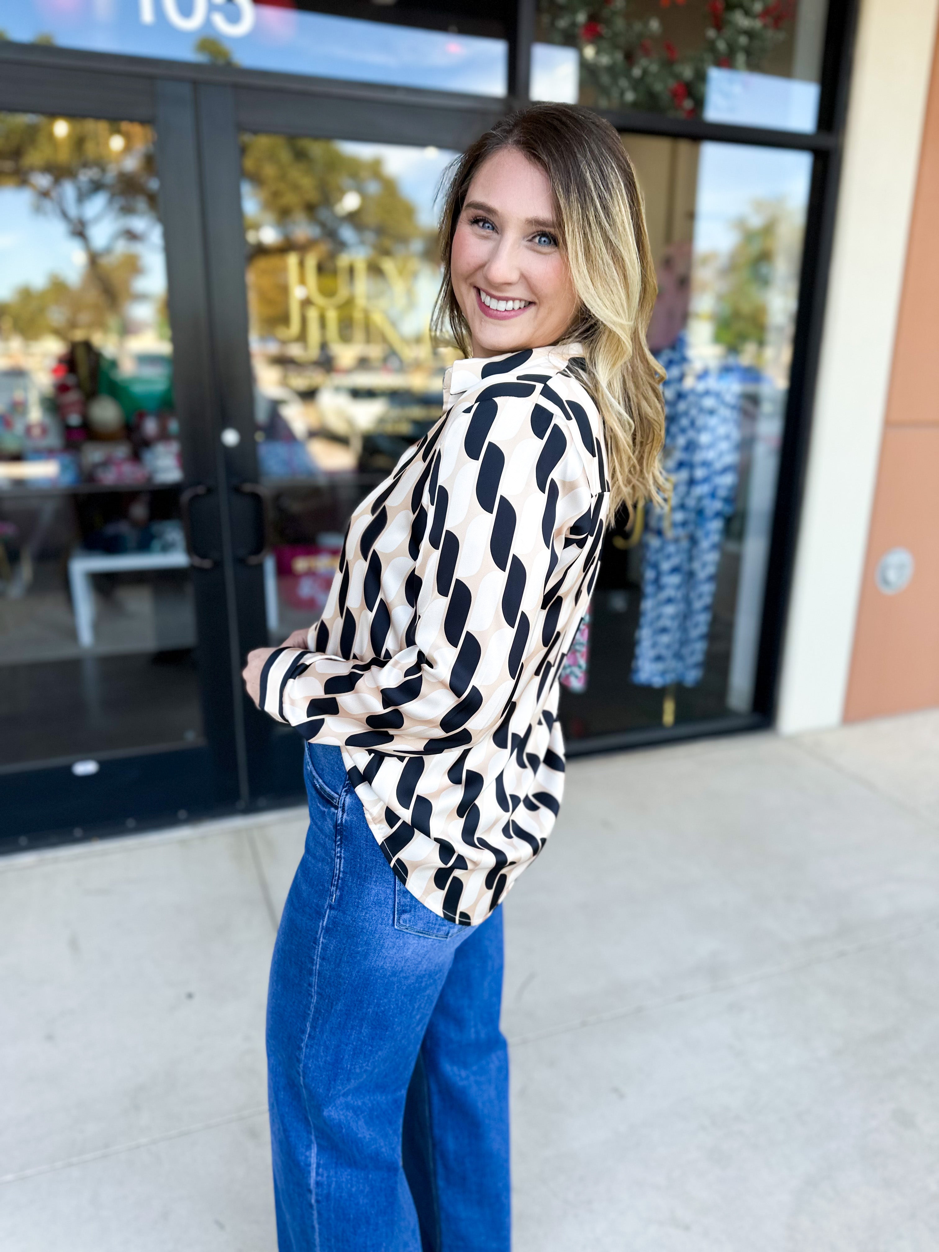 Retro Button Down Blouse-200 Fashion Blouses-SKIES ARE BLUE-July & June Women's Fashion Boutique Located in San Antonio, Texas