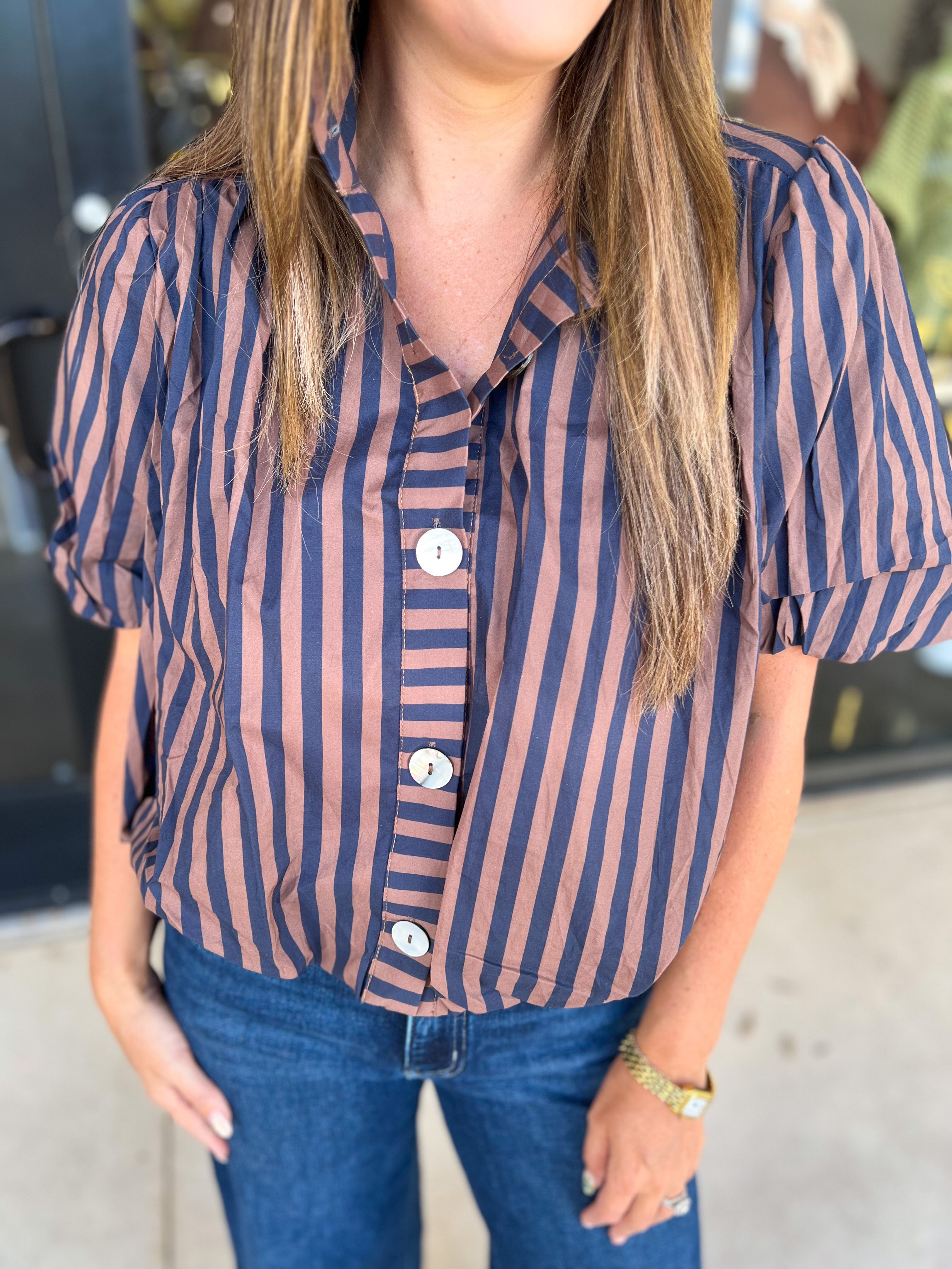 Coffee Date Blouse - Navy & Espresso-200 Fashion Blouses-ENTRO-July & June Women's Fashion Boutique Located in San Antonio, Texas