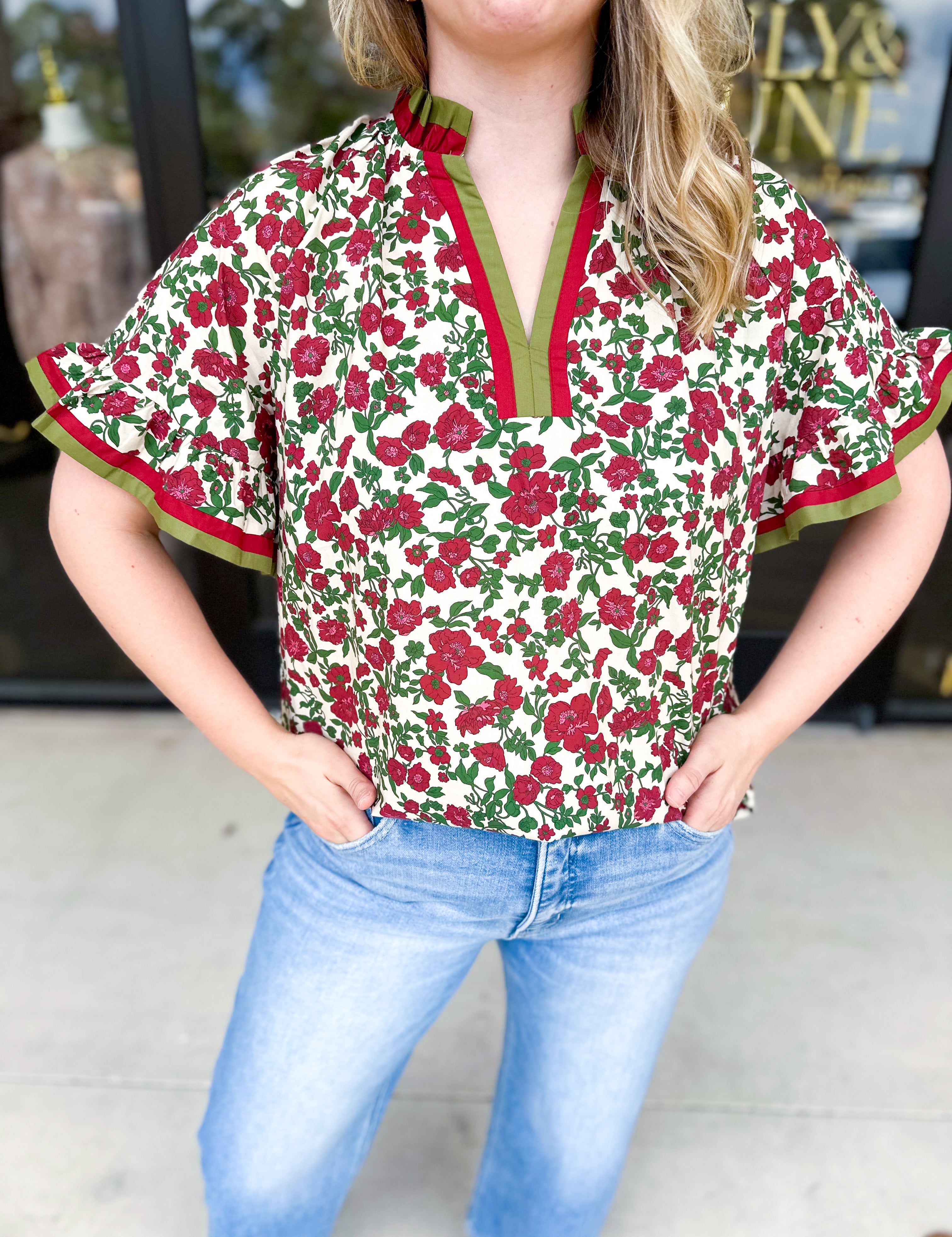 Burgundy & Olive Floral Blouse-200 Fashion Blouses-ENTRO-July & June Women's Fashion Boutique Located in San Antonio, Texas