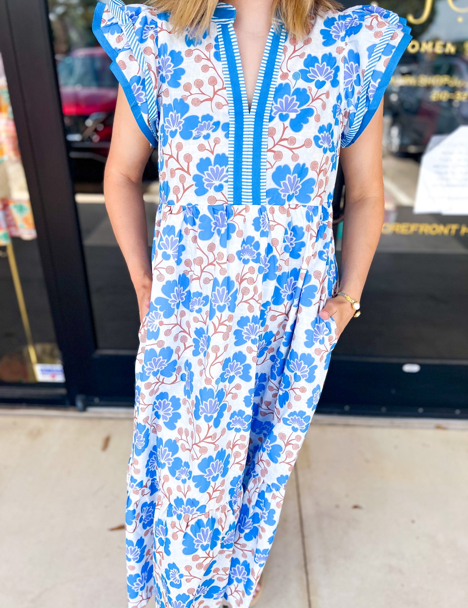 Bold Blue Floral Midi Dress-500 Midi-ENTRO-July & June Women's Fashion Boutique Located in San Antonio, Texas