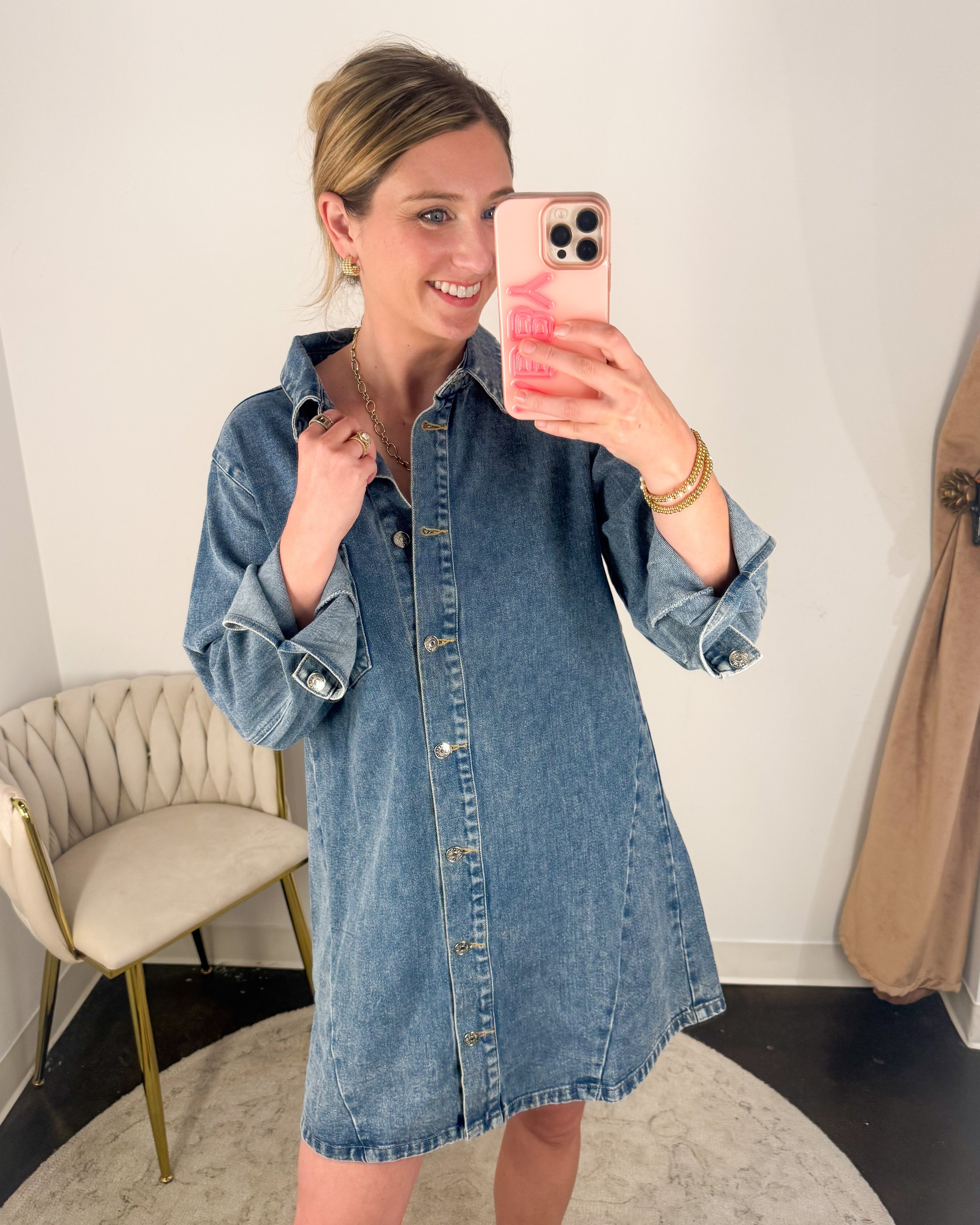 Medium Wash Denim Button Down Shirt Dress-510 Mini-BLUIVY-July & June Women's Fashion Boutique Located in San Antonio, Texas