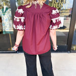 Maroon Embroidered Blouse-200 Fashion Blouses-ENTRO-July & June Women's Fashion Boutique Located in San Antonio, Texas