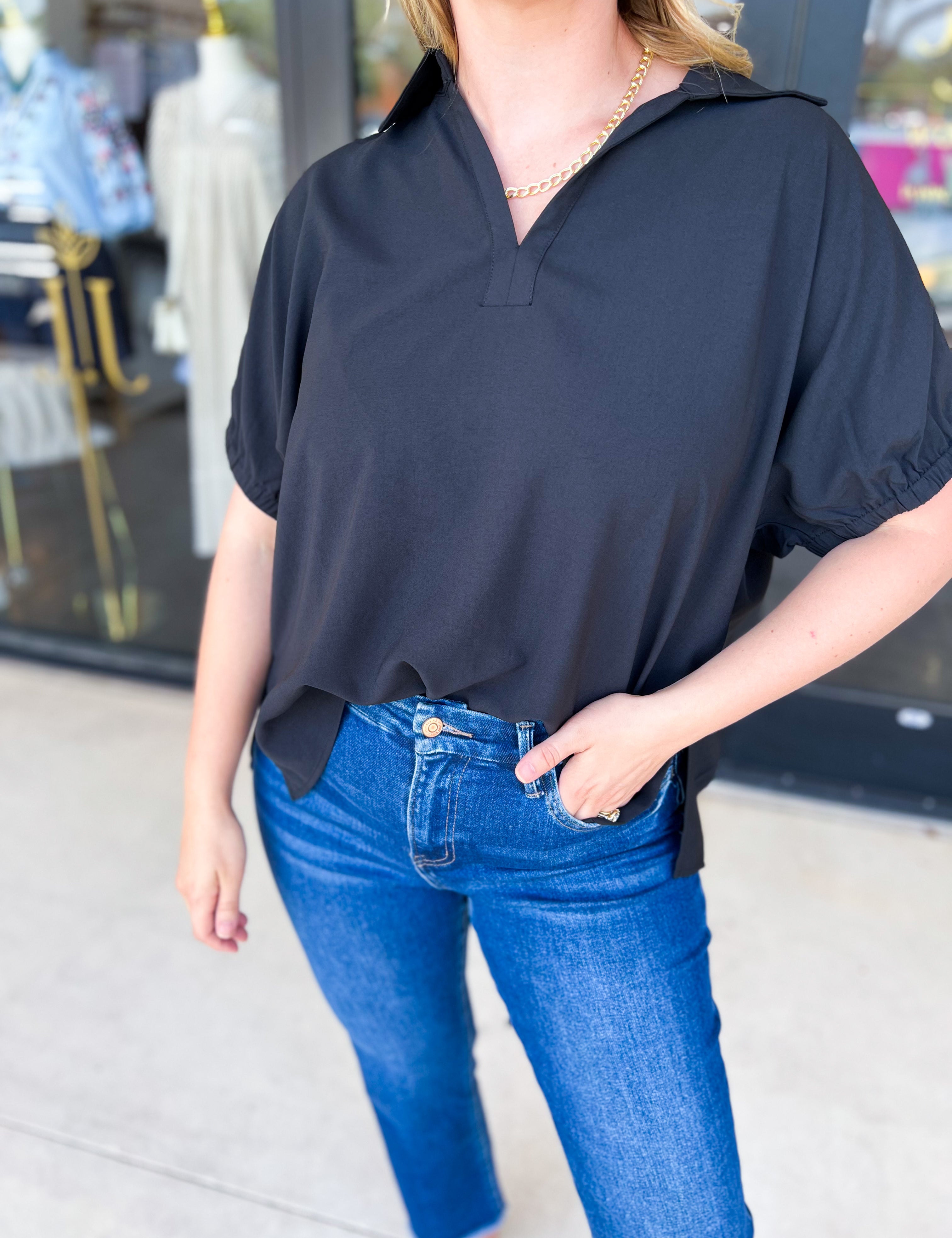 Closet Staple Collared Blouse - Black-200 Fashion Blouses-ENTRO-July & June Women's Fashion Boutique Located in San Antonio, Texas