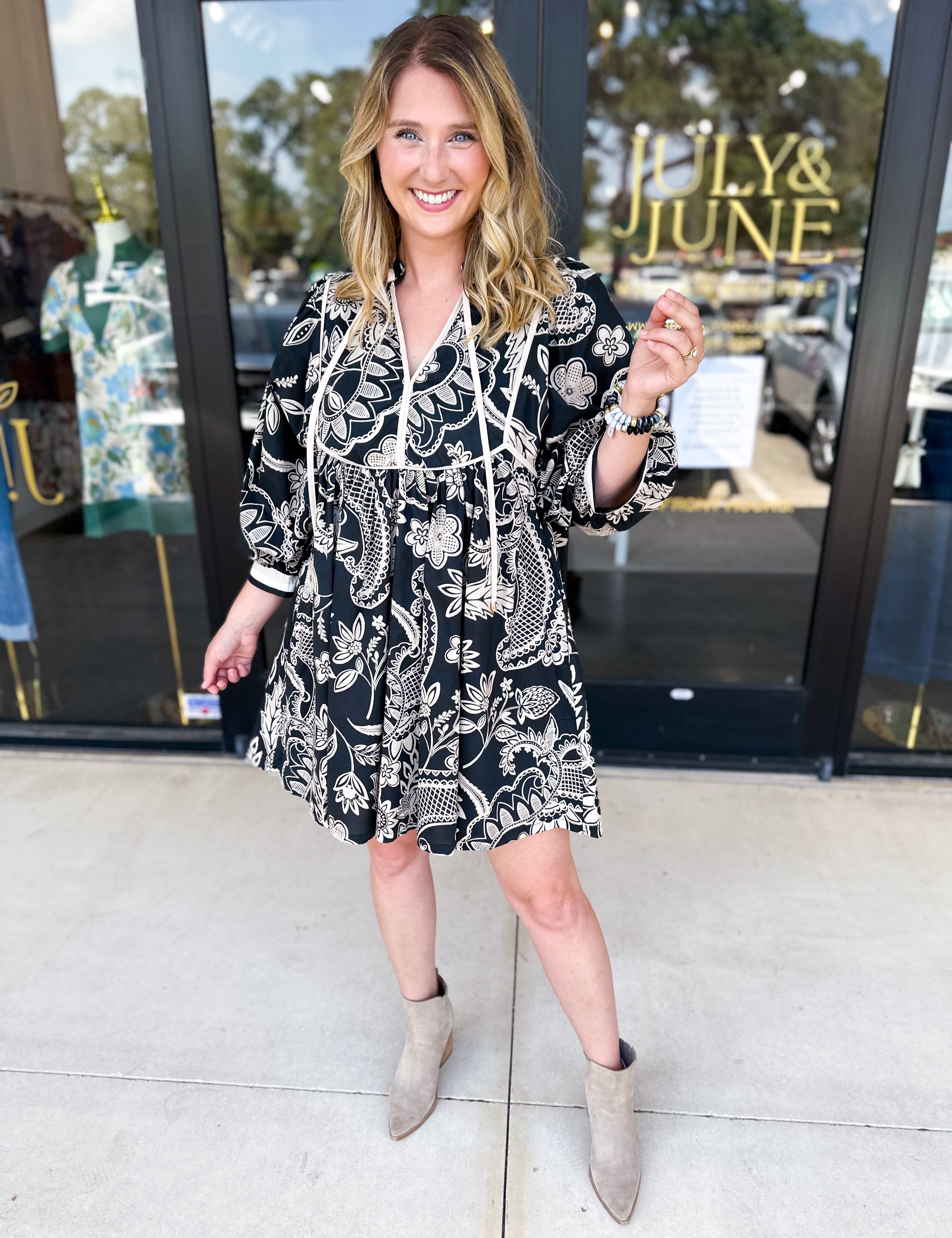 Paisley Black Mini Dress-510 Mini-ENTRO-July & June Women's Fashion Boutique Located in San Antonio, Texas