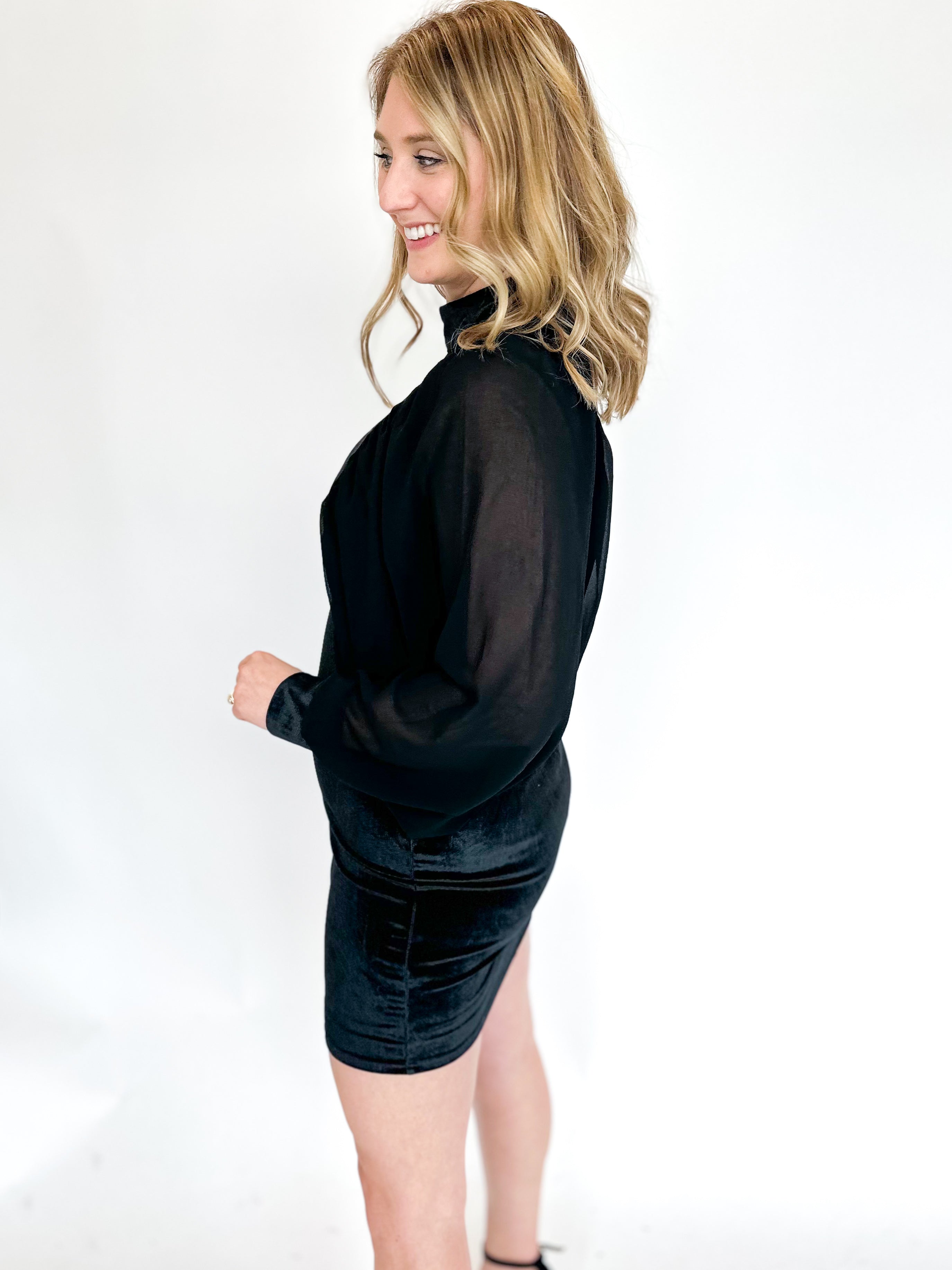 Black Sheer Sleeve Velvet Dress-510 Mini-FATE-July & June Women's Fashion Boutique Located in San Antonio, Texas