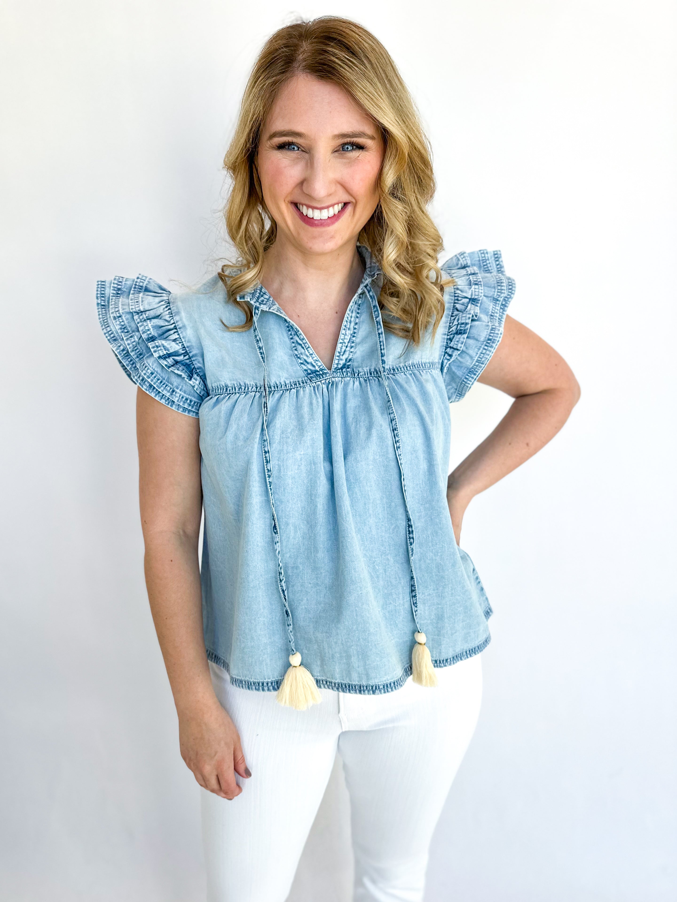Denim Ruffle Blouse - THML-200 Fashion Blouses-THML-July & June Women's Fashion Boutique Located in San Antonio, Texas