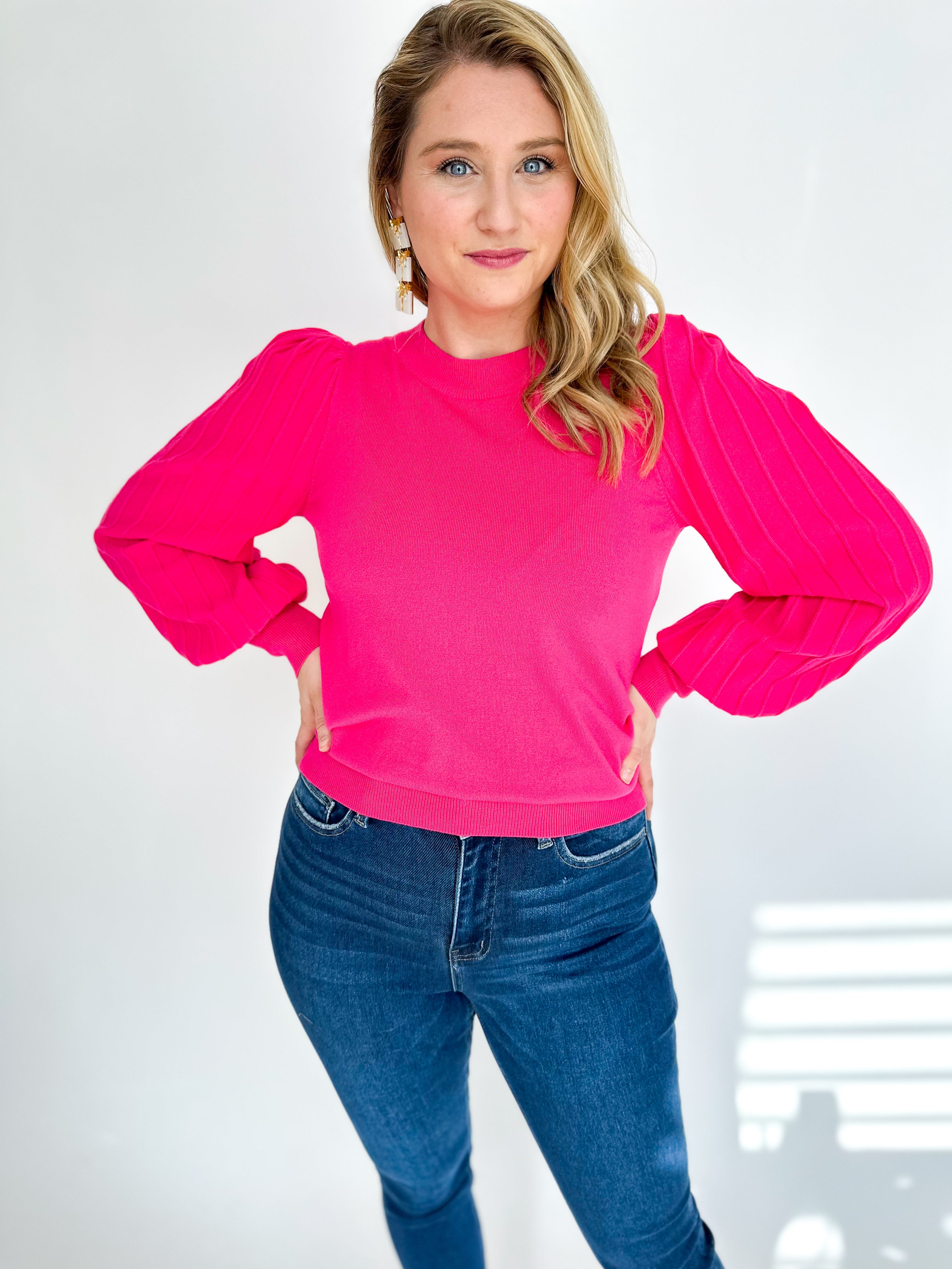 Pleated Sweater- Hot Pink-230 Sweaters/Cardis-&MERCI-July & June Women's Fashion Boutique Located in San Antonio, Texas