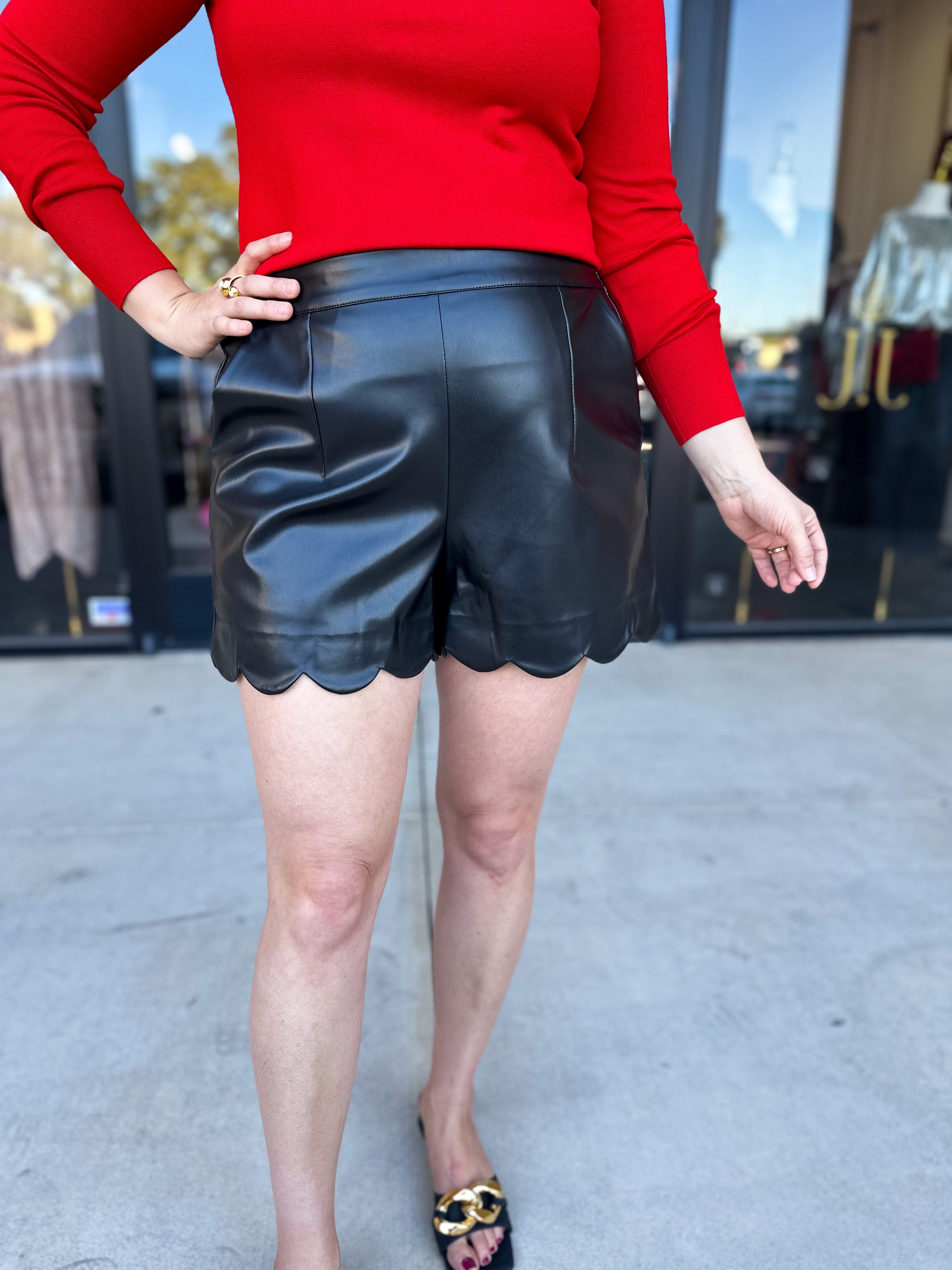 Scalloped Black Faux Leather Shorts-410 Shorts/Skirts-JODIFL-July & June Women's Fashion Boutique Located in San Antonio, Texas