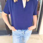 Classic V-Neck Blouse - Navy-200 Fashion Blouses-ENTRO-July & June Women's Fashion Boutique Located in San Antonio, Texas