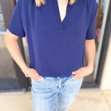 Classic V-Neck Blouse - Navy-200 Fashion Blouses-ENTRO-July & June Women's Fashion Boutique Located in San Antonio, Texas