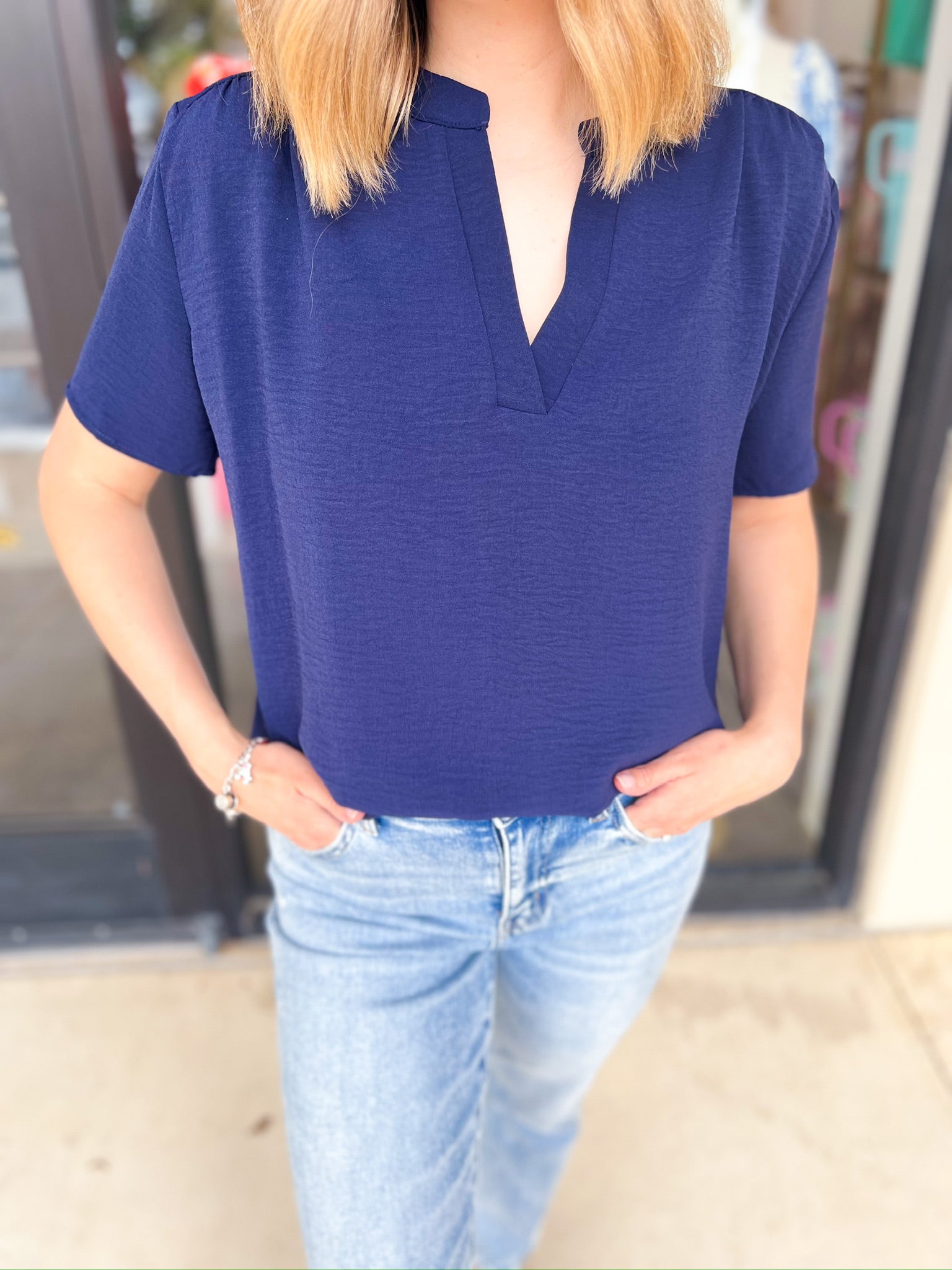 Classic V-Neck Blouse - Navy-200 Fashion Blouses-ENTRO-July & June Women's Fashion Boutique Located in San Antonio, Texas