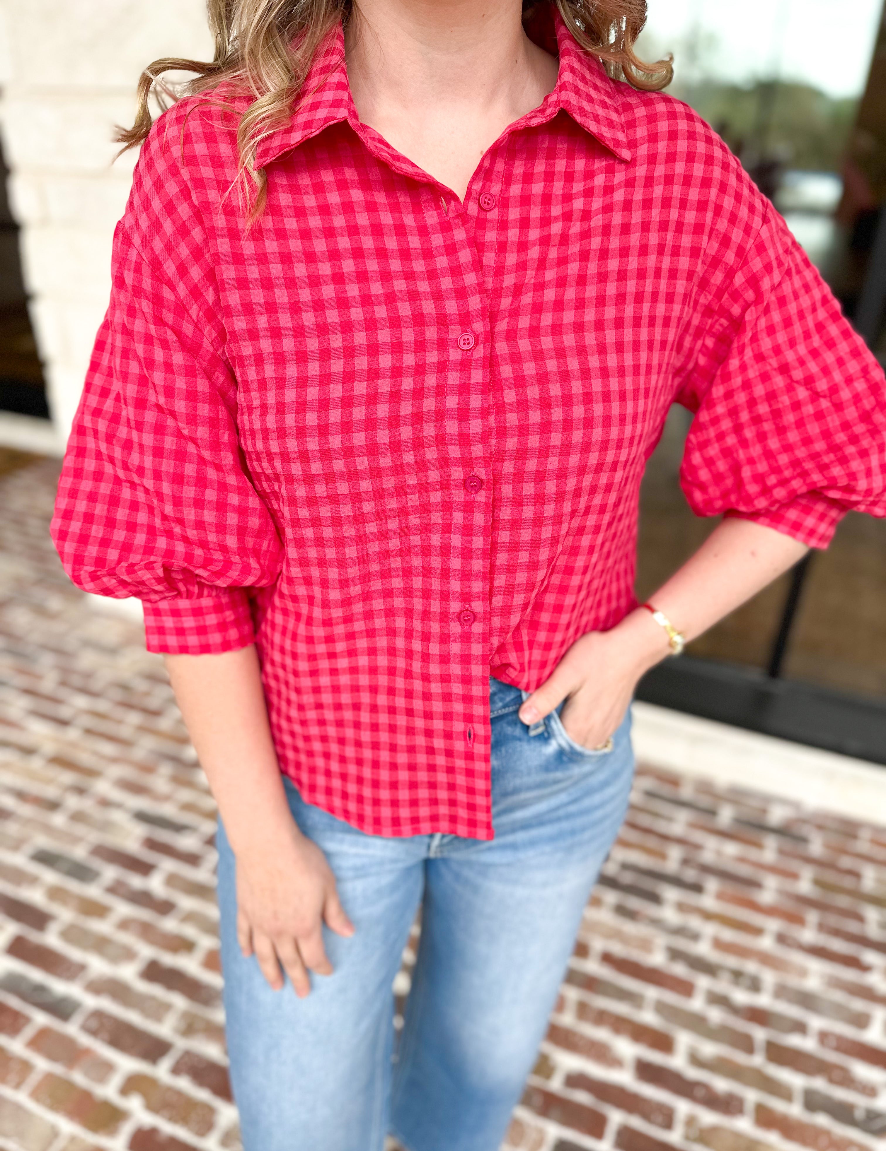 Red & Pink Gingham Button Down Top-200 Fashion Blouses-DAY + MOON-July & June Women's Fashion Boutique Located in San Antonio, Texas