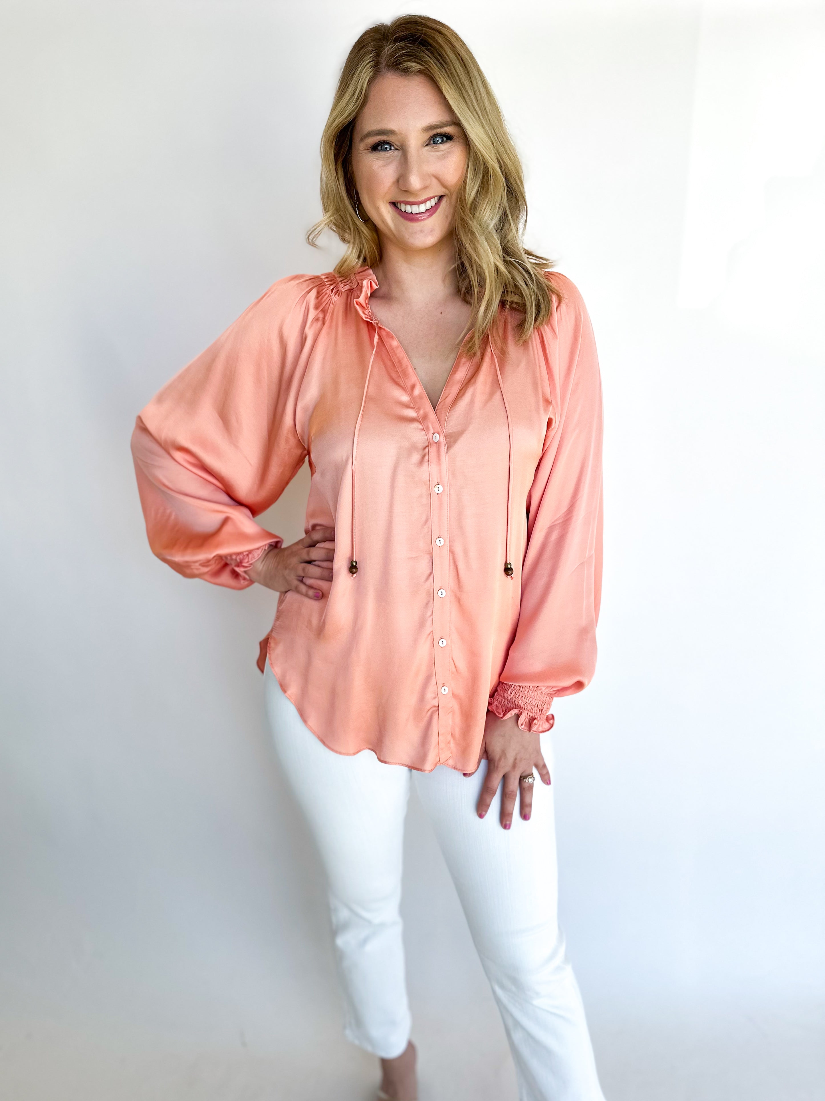 Pastel Satin Blouse - Peach-200 Fashion Blouses-OLIVACEOUS-July & June Women's Fashion Boutique Located in San Antonio, Texas