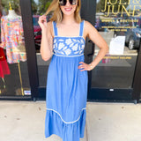 Sky Blue Embroidered Midi Dress-500 Midi-ENTRO-July & June Women's Fashion Boutique Located in San Antonio, Texas