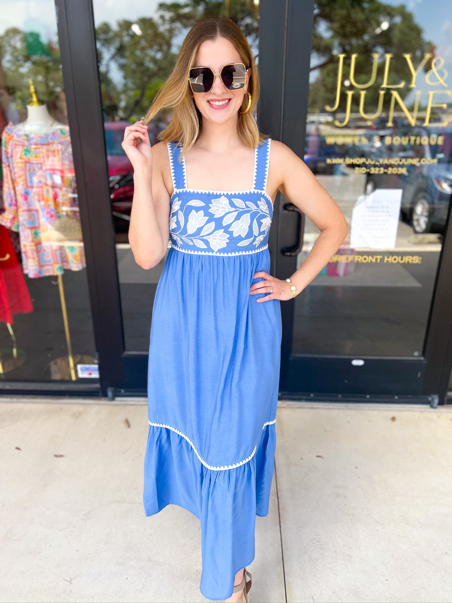 Sky Blue Embroidered Midi Dress-500 Midi-ENTRO-July & June Women's Fashion Boutique Located in San Antonio, Texas