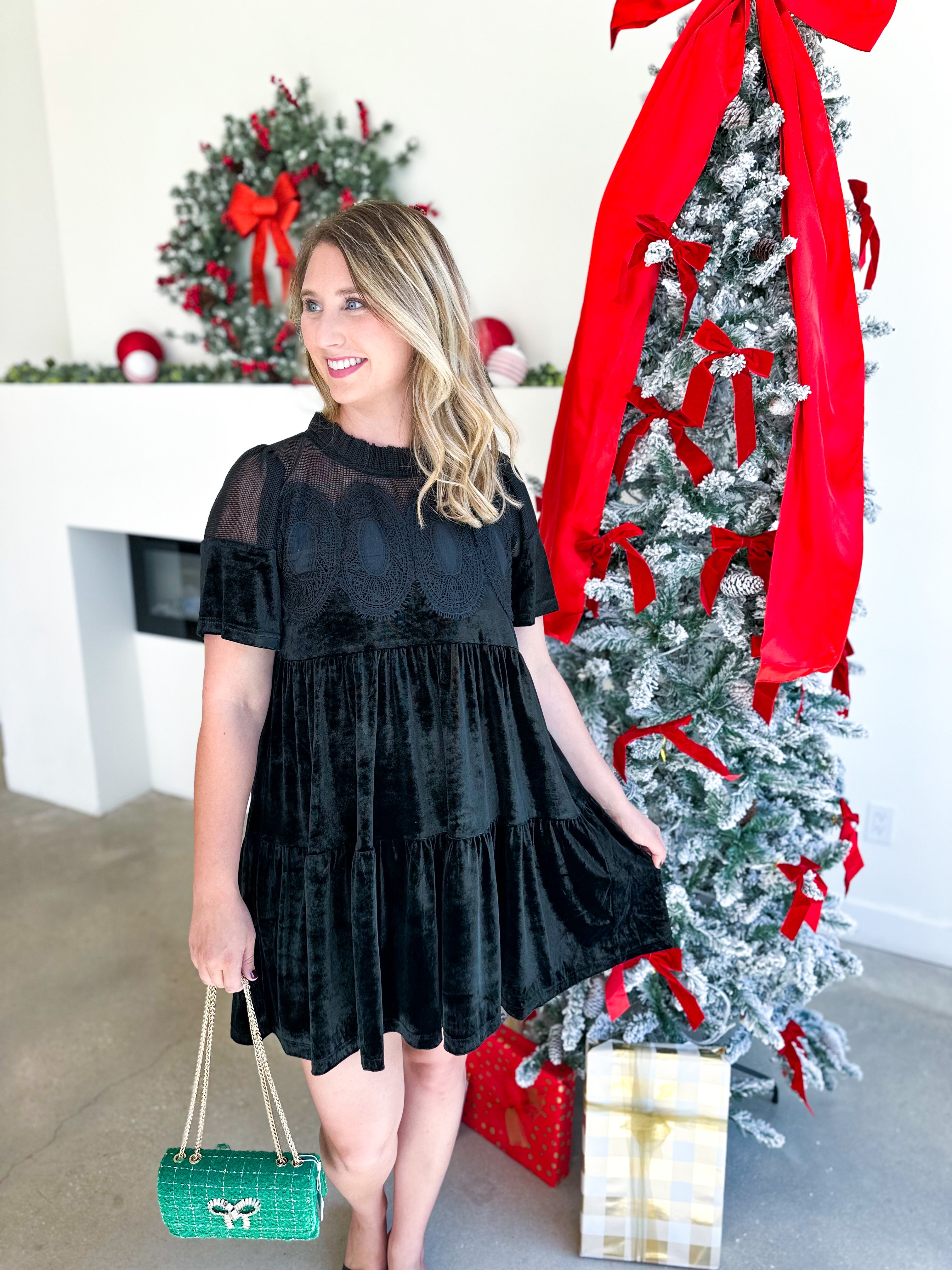 Lace Details Velvet Mini Dress - Black-510 Mini-FATE-July & June Women's Fashion Boutique Located in San Antonio, Texas