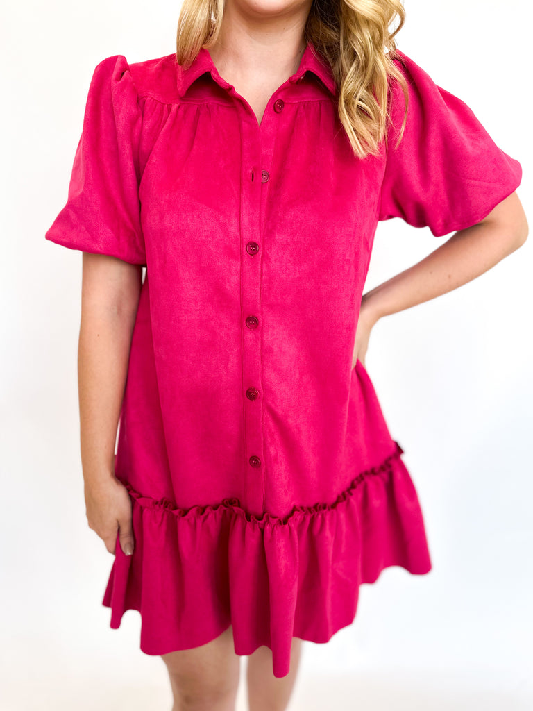 Flirty Suede Ruffle Mini Dress- Hot Pink-510 Mini-FATE-July & June Women's Fashion Boutique Located in San Antonio, Texas