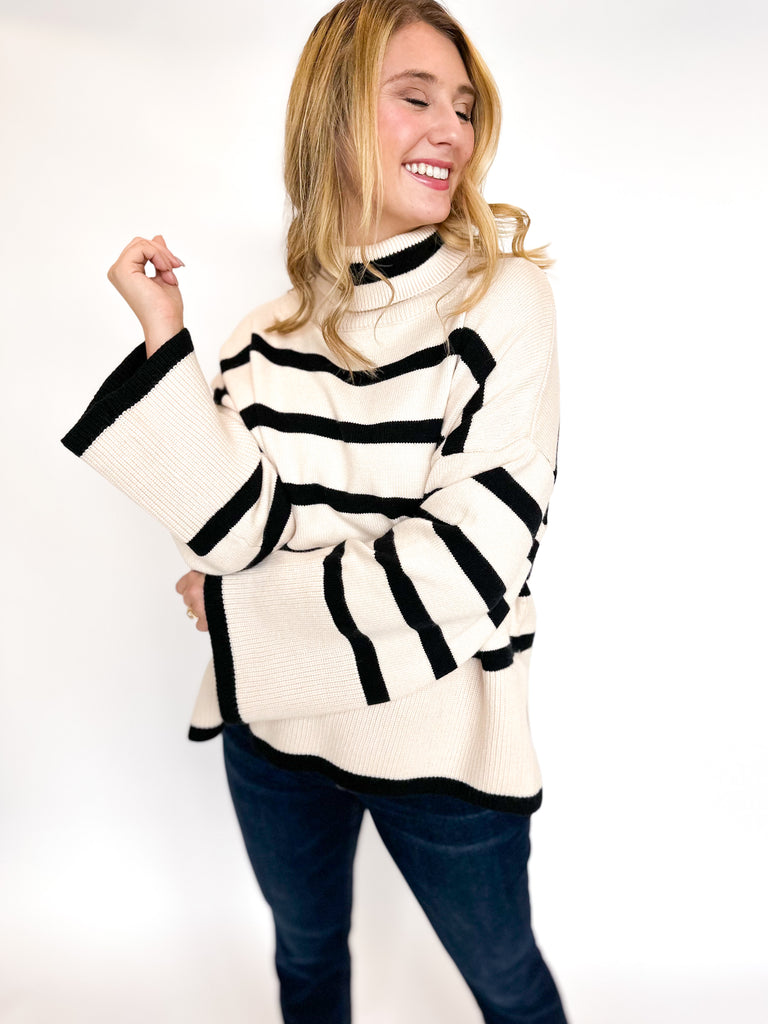 Chic Striped Turtleneck Sweater- Ivory-230 Sweaters/Cardis-ENTRO-July & June Women's Fashion Boutique Located in San Antonio, Texas