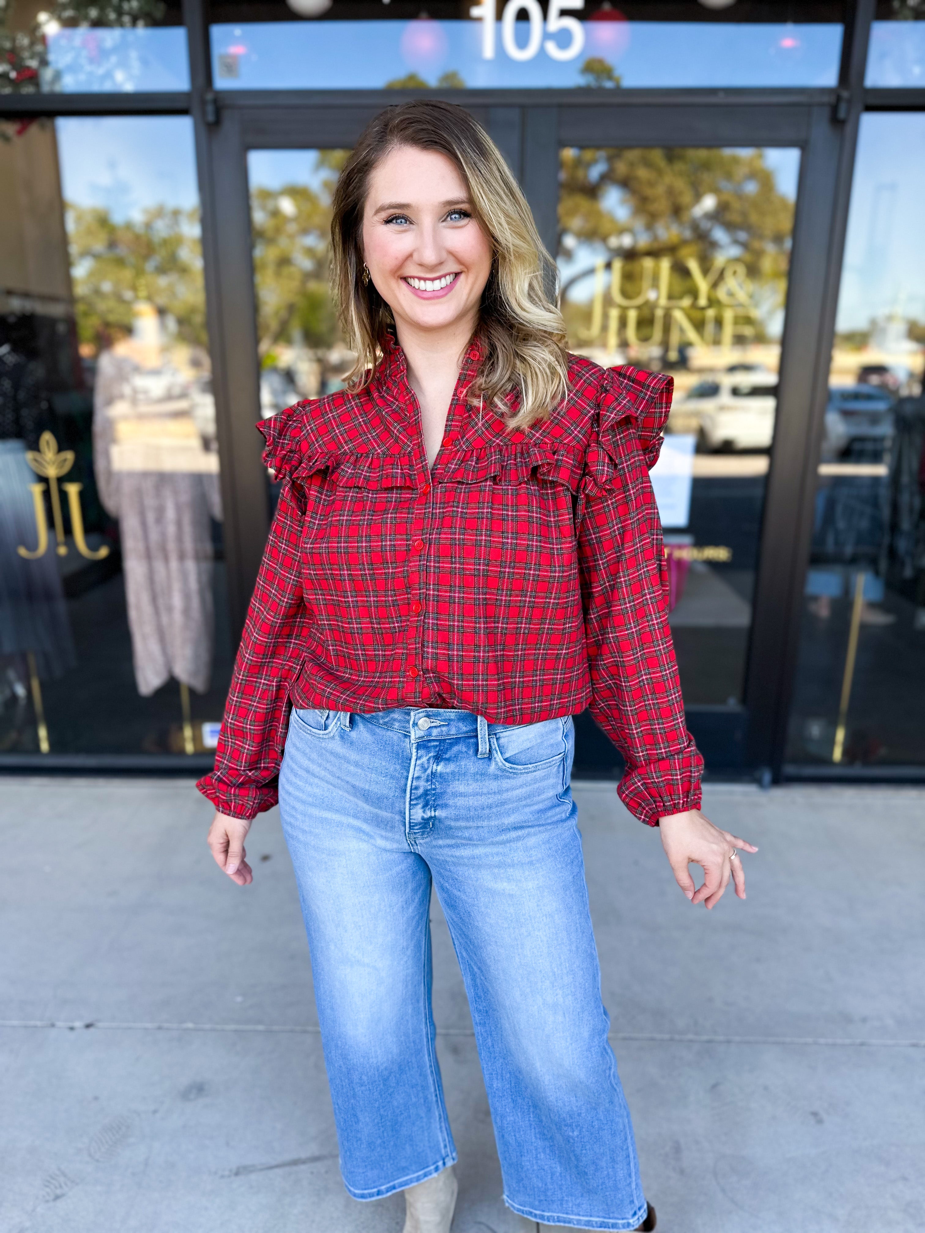 Tartan Ruffle Blouse-200 Fashion Blouses-FATE-July & June Women's Fashion Boutique Located in San Antonio, Texas