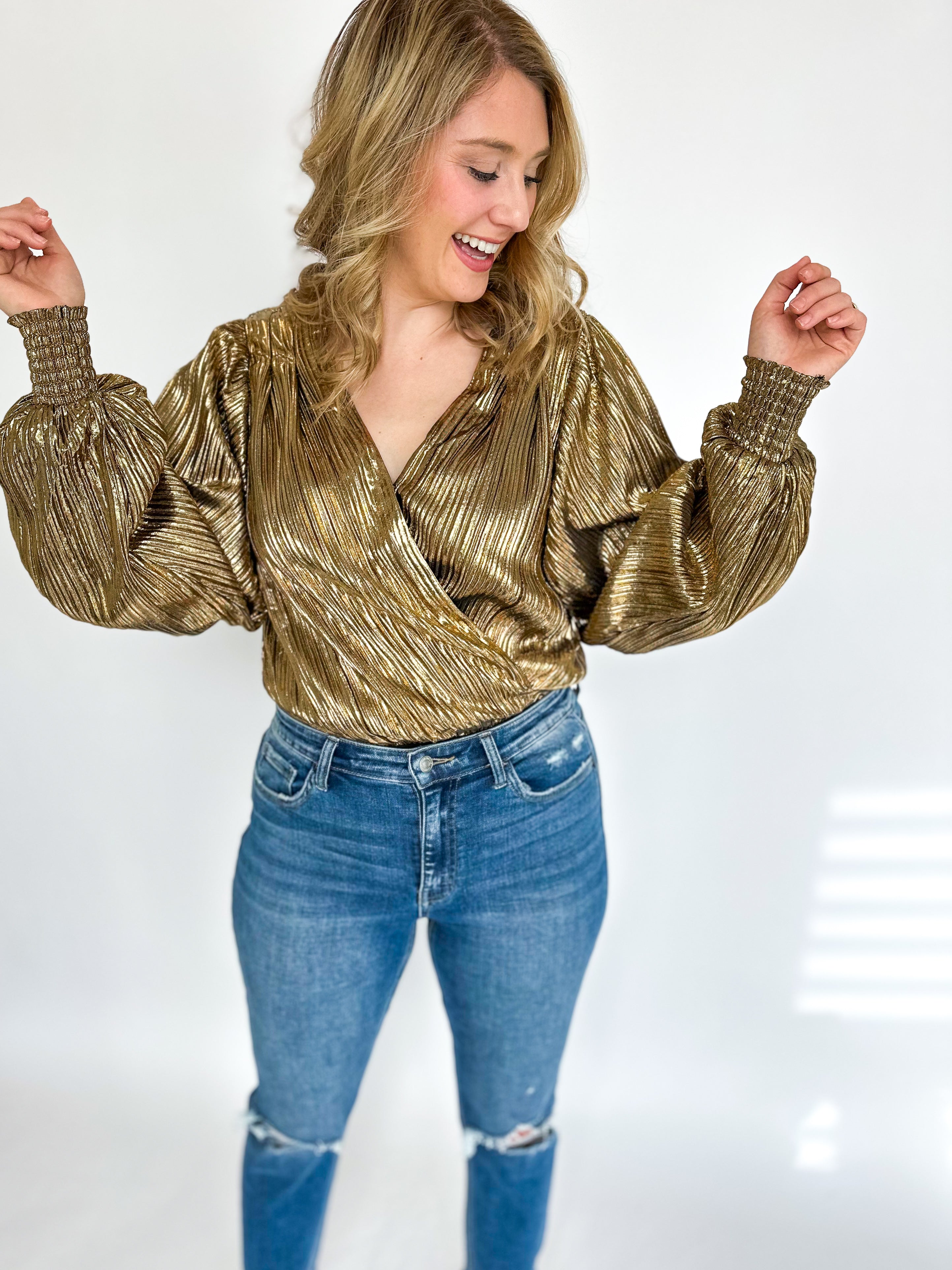 Gold Bodysuit Blouse-200 Fashion Blouses-FLYING TOMATO-July & June Women's Fashion Boutique Located in San Antonio, Texas