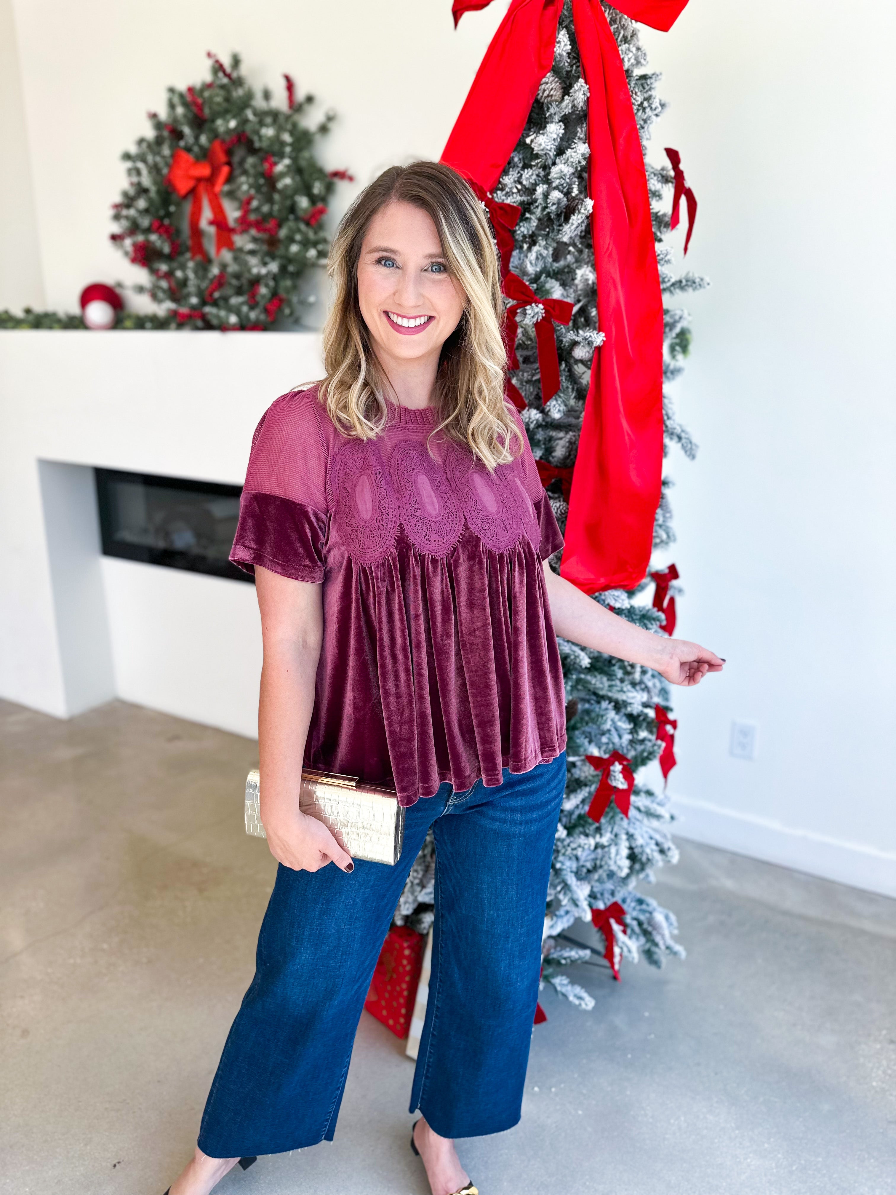 Lace Details Velvet Blouse - Pink-200 Fashion Blouses-FATE-July & June Women's Fashion Boutique Located in San Antonio, Texas