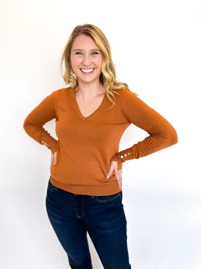 Everyday V-Neck Sweater- Toffee-210 Casual Blouses-SKIES ARE BLUE-July & June Women's Fashion Boutique Located in San Antonio, Texas