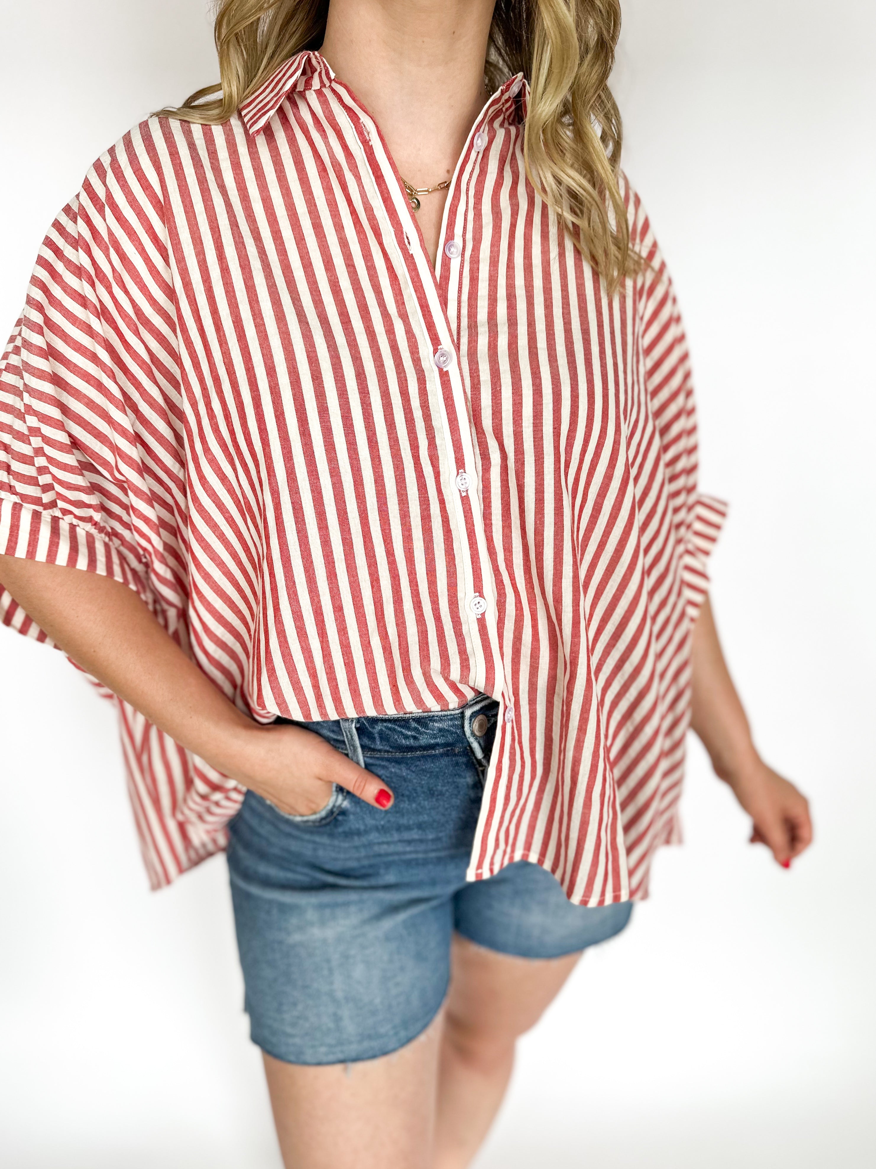 American Girl Oversized Blouse - Red-200 Fashion Blouses-DAY + MOON-July & June Women's Fashion Boutique Located in San Antonio, Texas