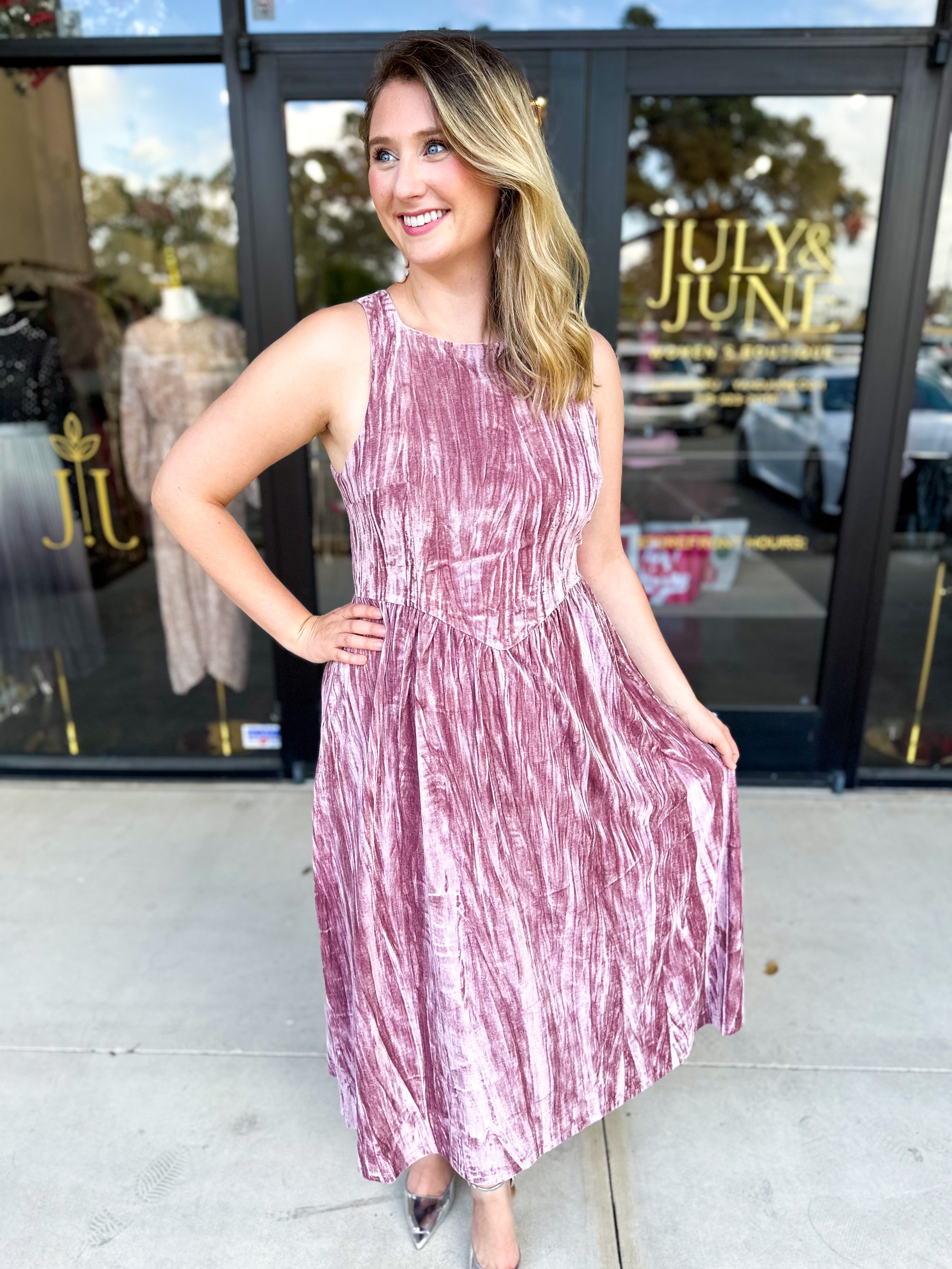 Blush Velvet Midi Dress-500 Midi-POLOGRAM-July & June Women's Fashion Boutique Located in San Antonio, Texas