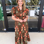 Mocha & Rust Floral Midi Dress-500 Midi-ENTRO-July & June Women's Fashion Boutique Located in San Antonio, Texas