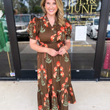 Mocha & Rust Floral Midi Dress-500 Midi-ENTRO-July & June Women's Fashion Boutique Located in San Antonio, Texas