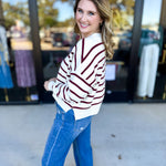 Ivory & Burgundy Sweater Top-230 Sweaters/Cardis-SKIES ARE BLUE-July & June Women's Fashion Boutique Located in San Antonio, Texas