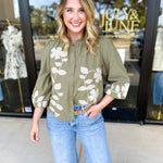 Mallory Embroidered Blouse - Light Olive-200 Fashion Blouses-ABLE-July & June Women's Fashion Boutique Located in San Antonio, Texas