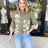 Mallory Embroidered Blouse - Light Olive-200 Fashion Blouses-ABLE-July & June Women's Fashion Boutique Located in San Antonio, Texas