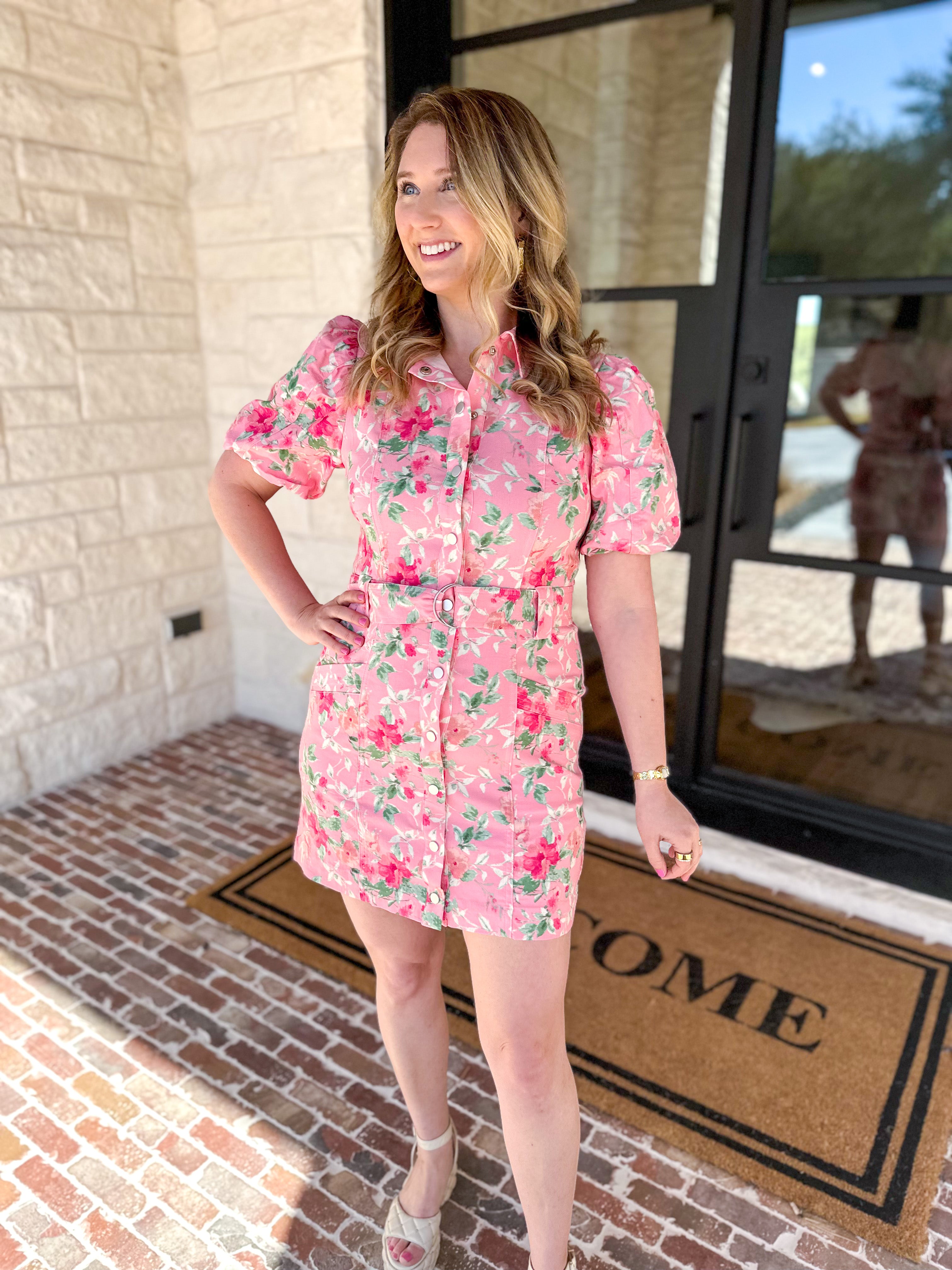 Pink Floral Denim Mini Dress-510 Mini-FATE-July & June Women's Fashion Boutique Located in San Antonio, Texas