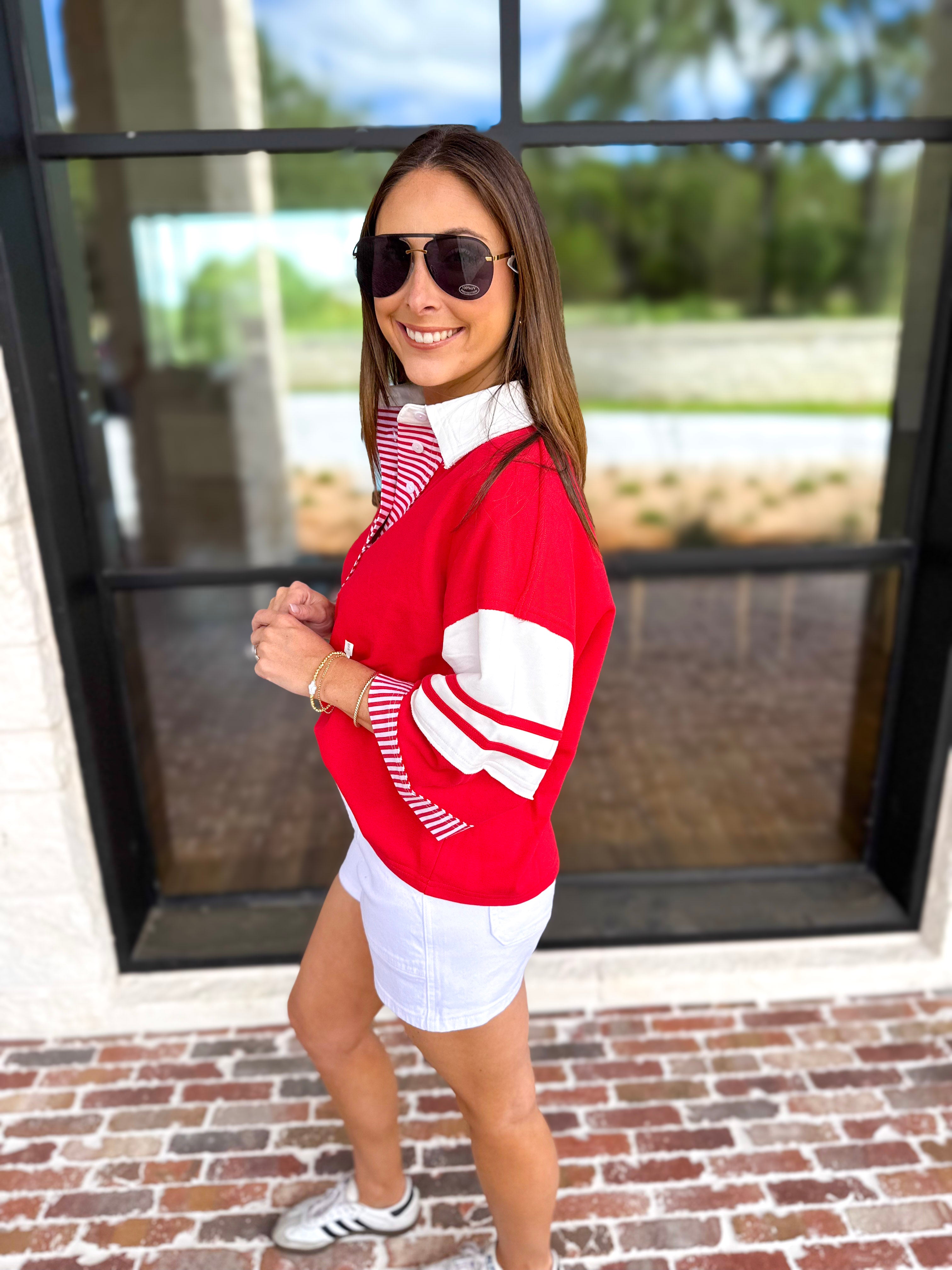 Cool Girl Oversized Polo Top - Red-210 Casual Blouses-JODIFL-July & June Women's Fashion Boutique Located in San Antonio, Texas